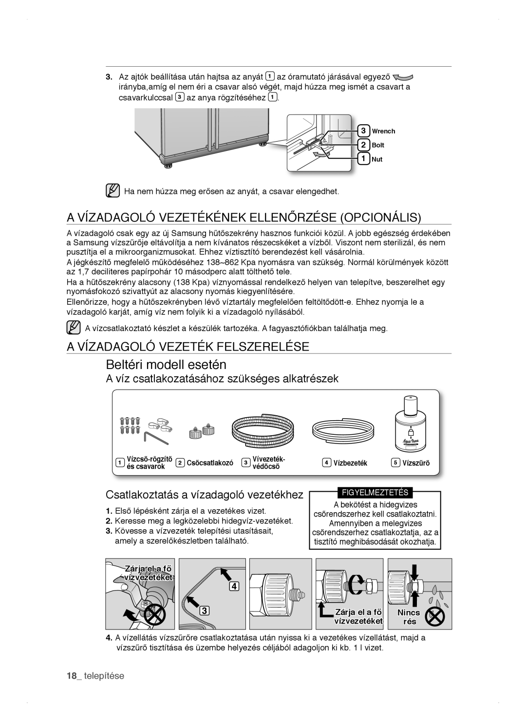 Samsung RSH1DTSW1/XEH, RSH1FTIS1/XEH manual Vízadagoló Vezetékének Ellenőrzése Opcionális, Vízadagoló Vezeték Felszerelése 