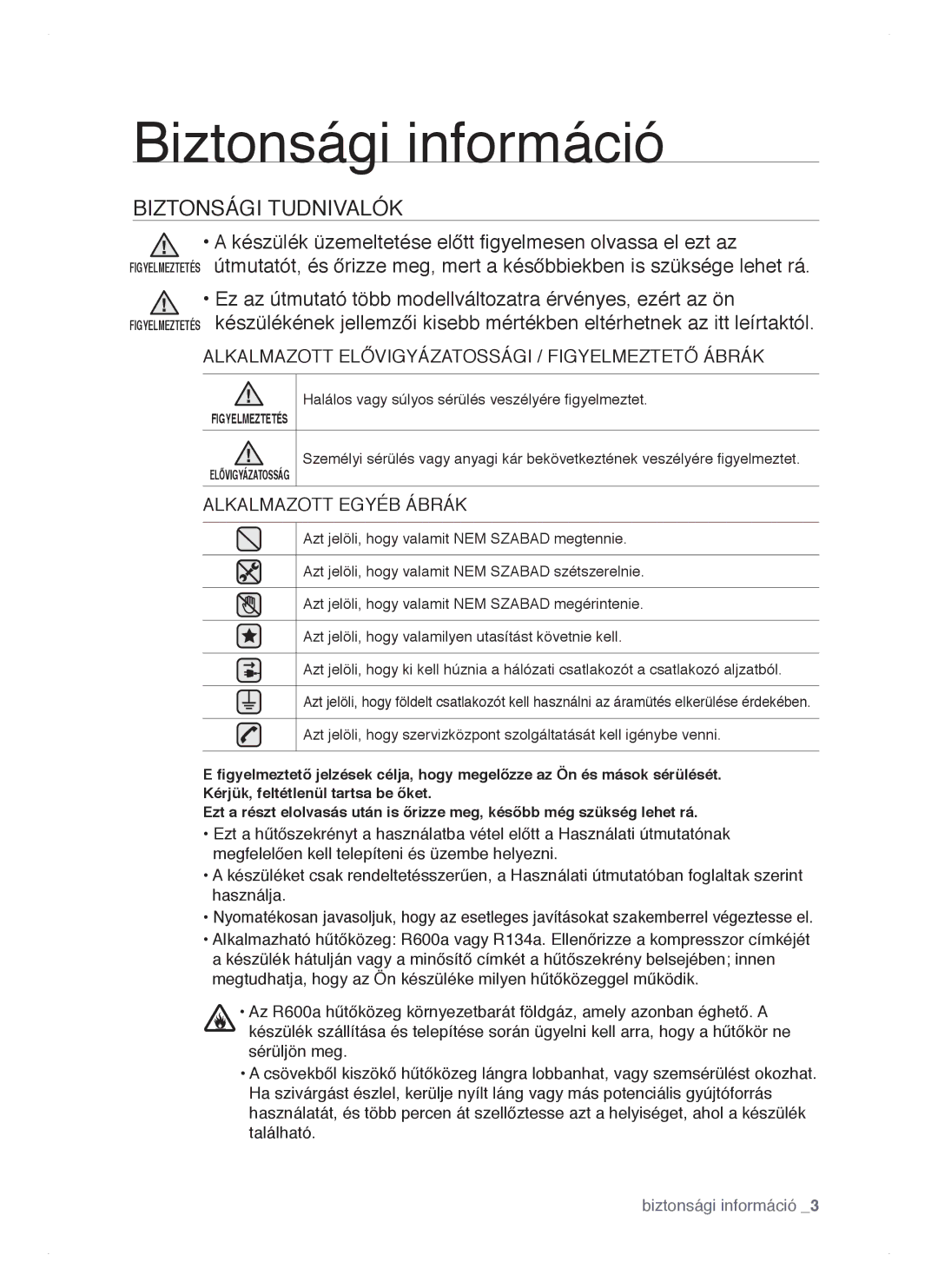 Samsung RSH1DTIS1/XEH, RSH1DTSW1/XEH, RSH1FTIS1/XEH, RSH1NTPE1/XEH manual Biztonsági információ, Biztonsági Tudnivalók 