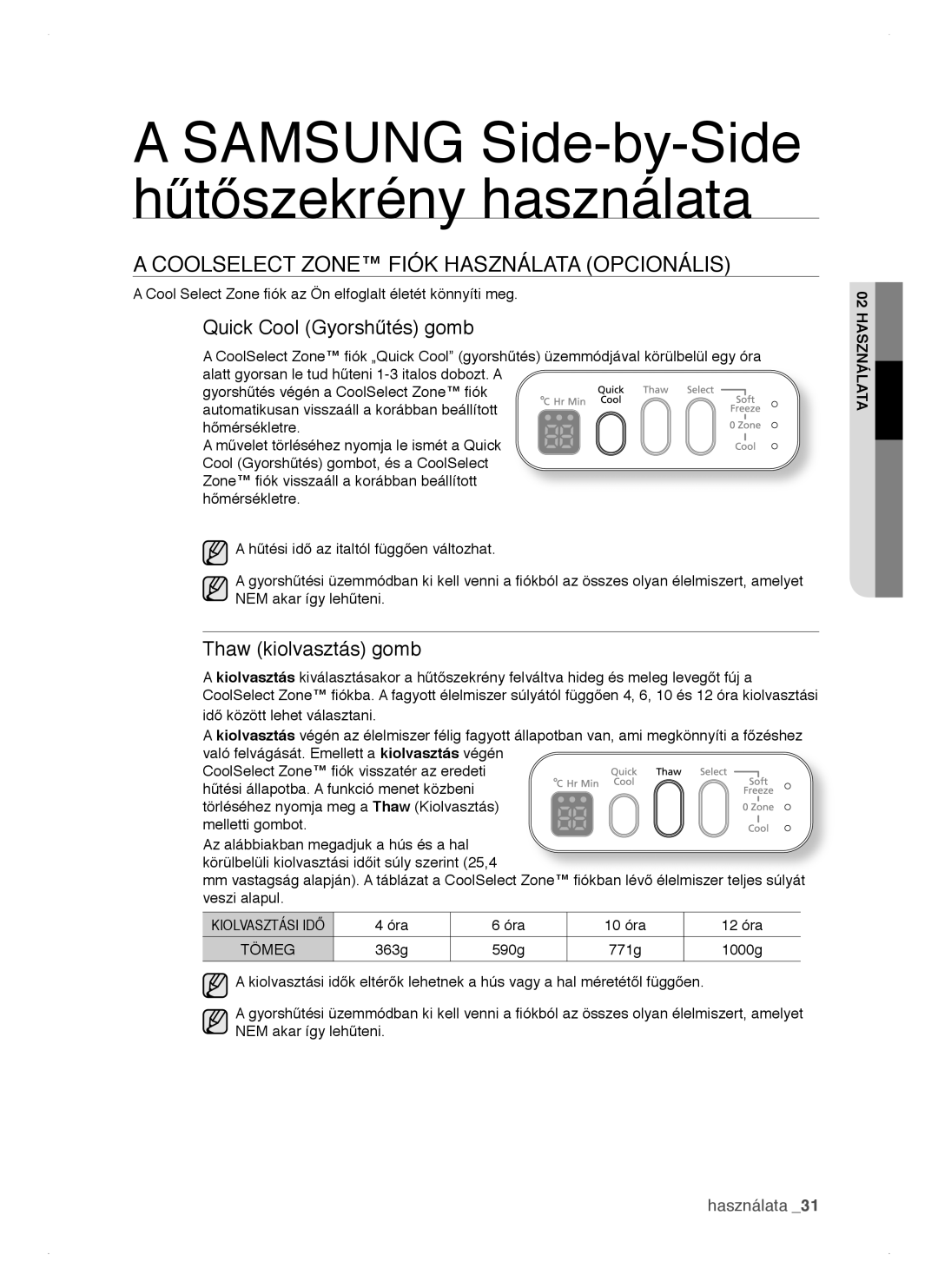 Samsung RSH1FTIS1/XEH manual Coolselect Zone Fiók Használata Opcionális, Quick Cool Gyorshűtés gomb, Thaw kiolvasztás gomb 