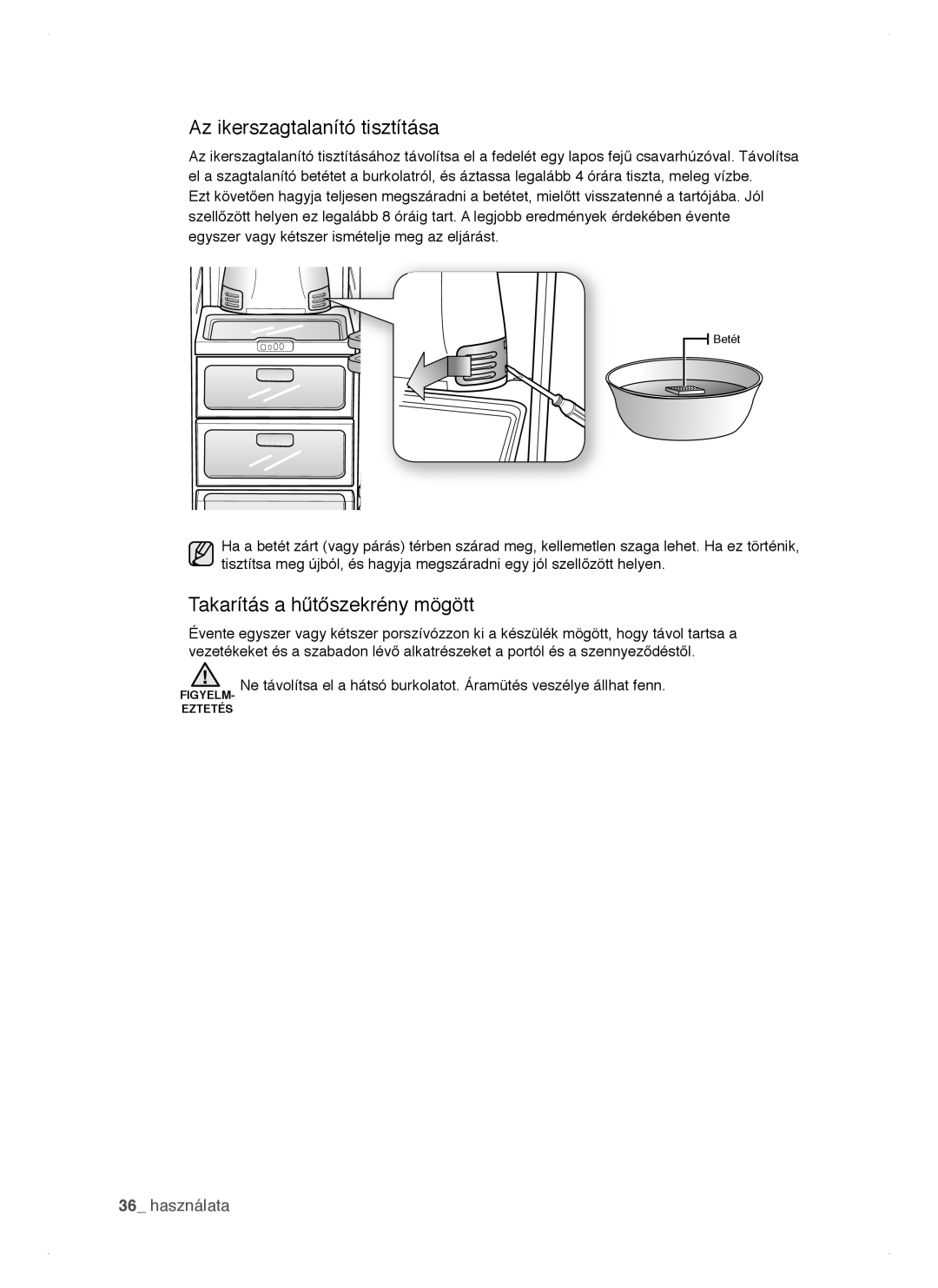 Samsung RSH1DTSW1/XEH, RSH1FTIS1/XEH, RSH1NTPE1/XEH manual Az ikerszagtalanító tisztítása, Takarítás a hűtőszekrény mögött 