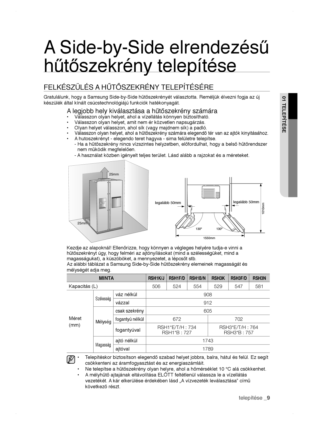 Samsung RSH1DTIS1/XEH manual Side-by-Side elrendezésű hűtőszekrény telepítése, Felkészülés a Hűtőszekrény Telepítésére 