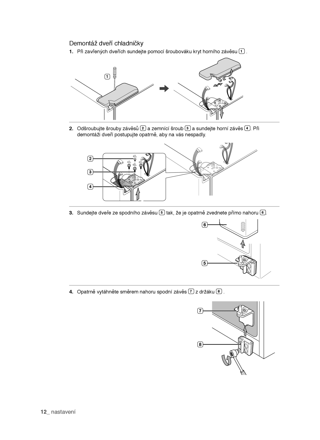 Samsung RSH1NTPE1/XEH, RSH1DTSW1/XEH, RSH1FTIS1/XEH, RSH1DTIS1/XEH, RSH1DTBP1/XEH manual Demontáž dveří chladničky 