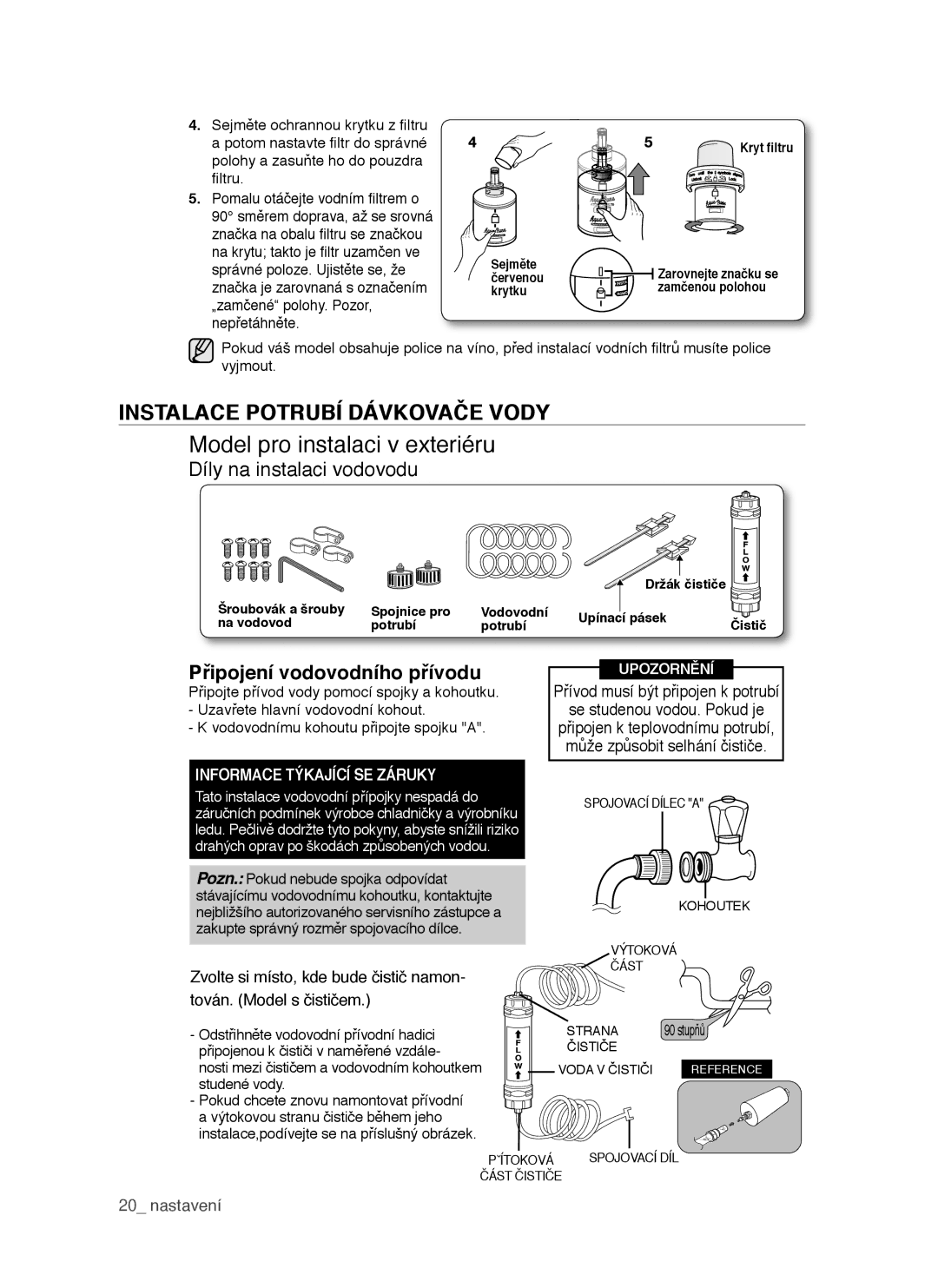 Samsung RSH1DTSW1/XEH, RSH1FTIS1/XEH, RSH1NTPE1/XEH manual Model pro instalaci v exteriéru, Instalace Potrubí Dávkovače Vody 