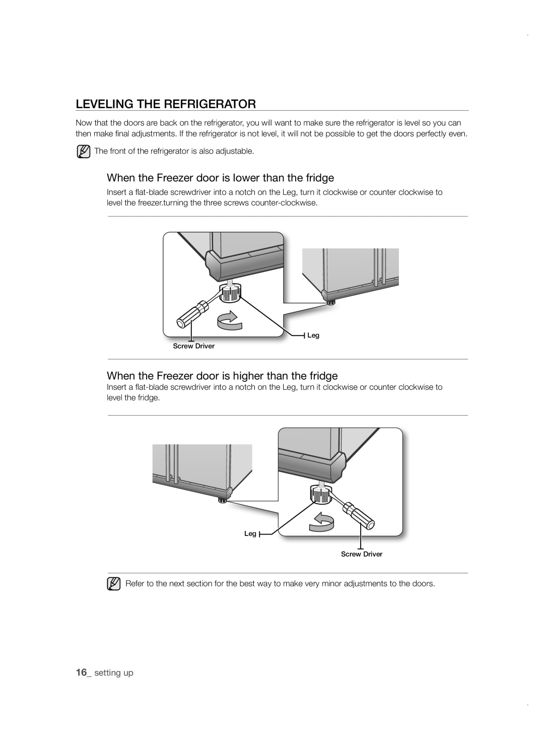 Samsung RSH1FBPE1/XAG, RSH1ZTPE1/XAG manual LEVELing tHE rEfrigErator, When the Freezer door is lower than the fridge 