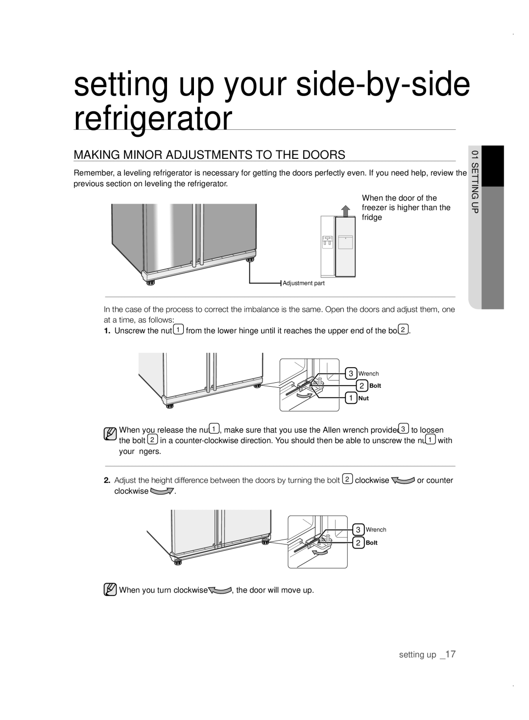 Samsung RSH1ZTPE1/XAG, RSH1FBPE1/XAG manual MaKing Minor aDJustMEnts to tHE Doors, To loosen, Your fingers, Clockwise 