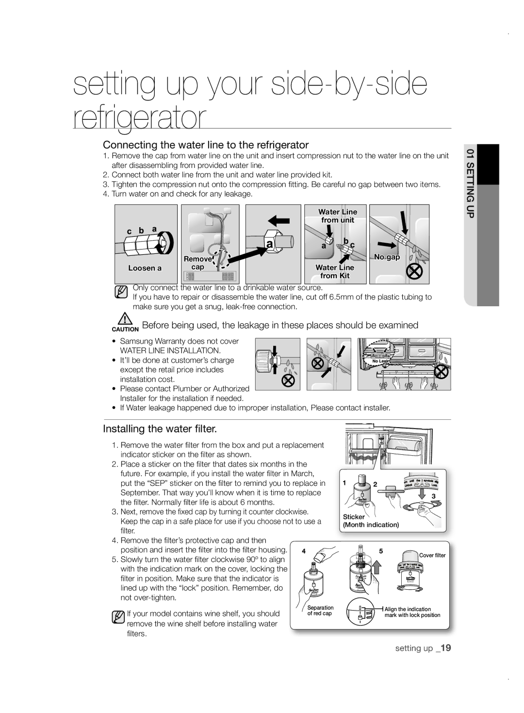 Samsung RSH1ZTPE1/XAG, RSH1FBPE1/XAG manual Connecting the water line to the refrigerator, Installing the water filter 