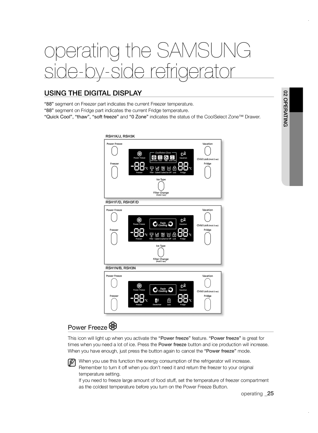 Samsung RSH1ZTPE1/XAG, RSH1FBPE1/XAG manual Using tHE DigitaL DisPLay, Power Freeze 