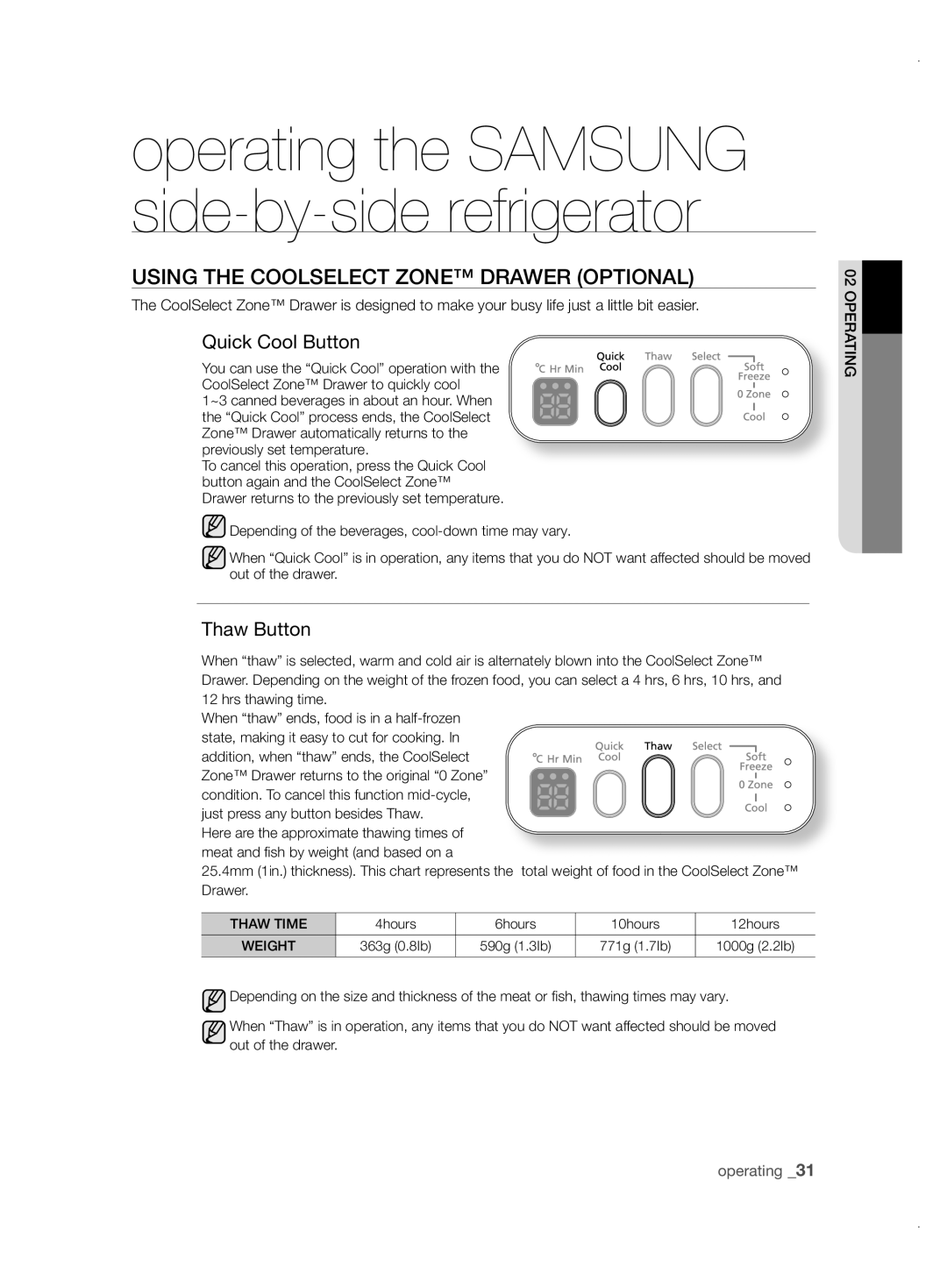 Samsung RSH1ZTPE1/XAG, RSH1FBPE1/XAG manual Using tHE CooLsELECt ZonE DrawEr oPtionaL, Quick Cool Button, Thaw Button 