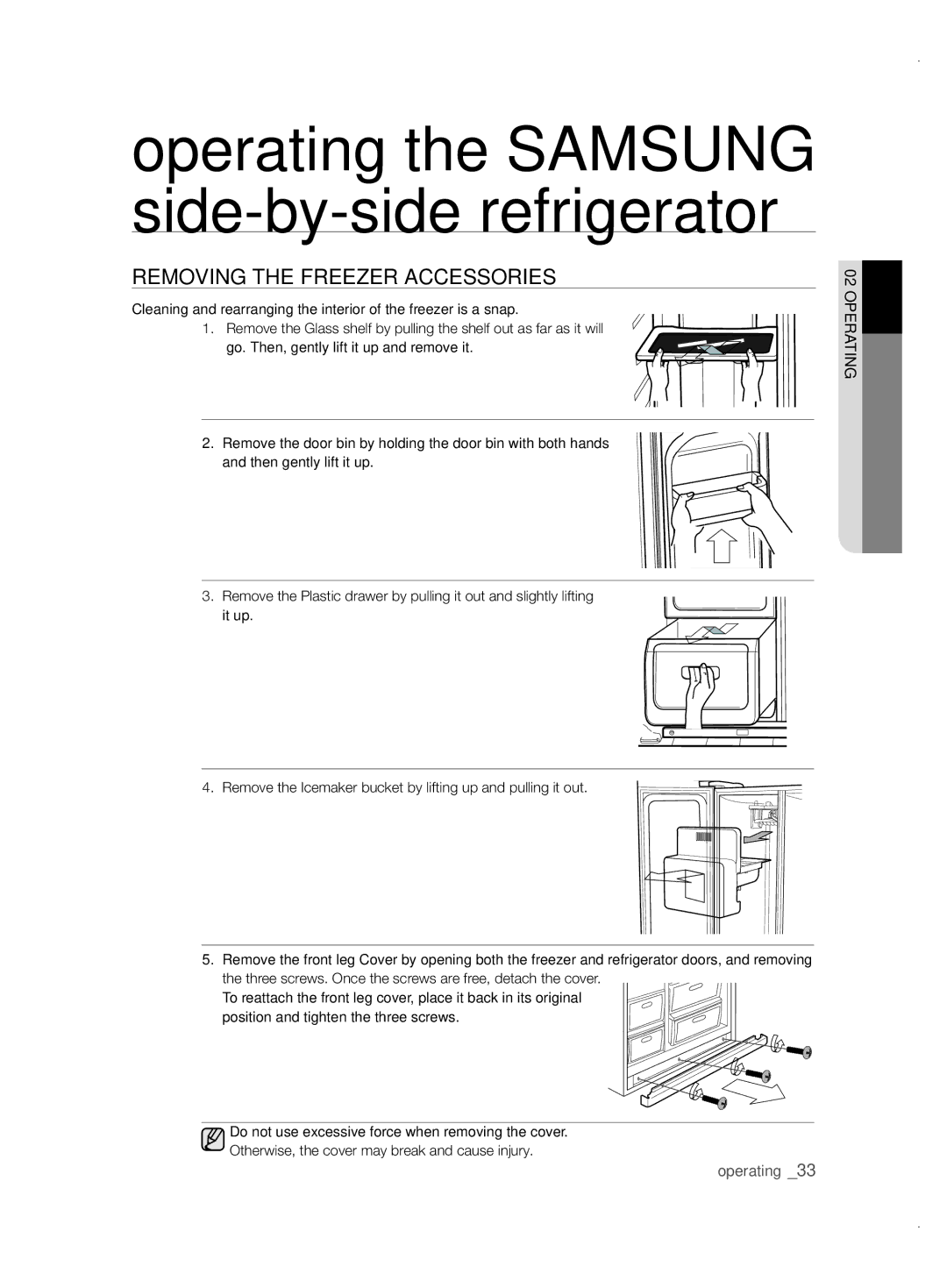 Samsung RSH1ZTPE1/XAG, RSH1FBPE1/XAG manual REMoVing tHE frEEZEr aCCEssoriEs 