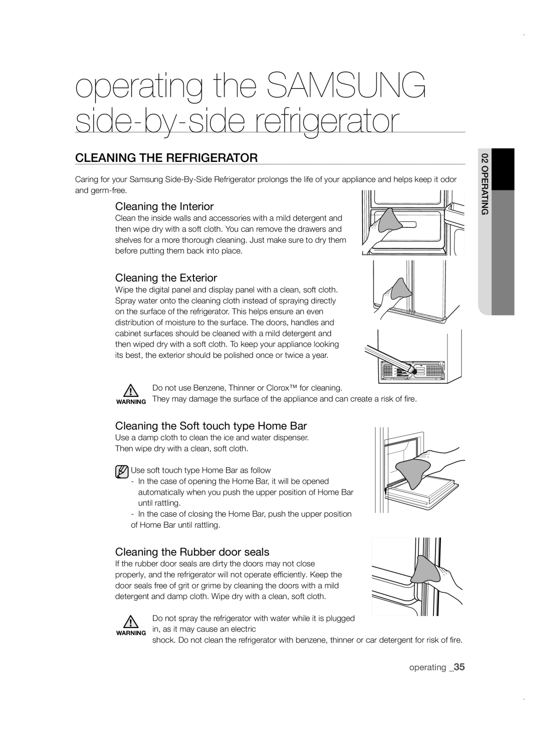 Samsung RSH1ZTPE1/XAG, RSH1FBPE1/XAG manual CLEaning tHE rEfrigErator, Cleaning the Interior, Cleaning the Exterior 