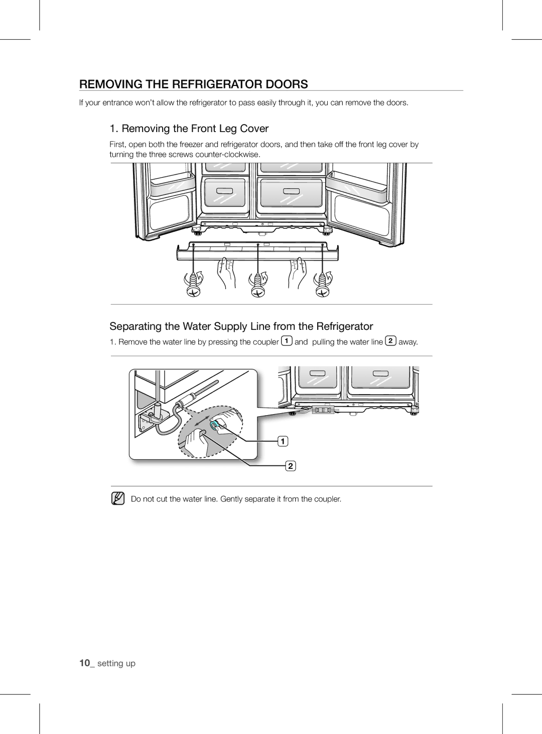 Samsung RSH1FEIS1/XEH manual REMoVing tHE rEfrigErator Doors, Removing the Front Leg Cover 