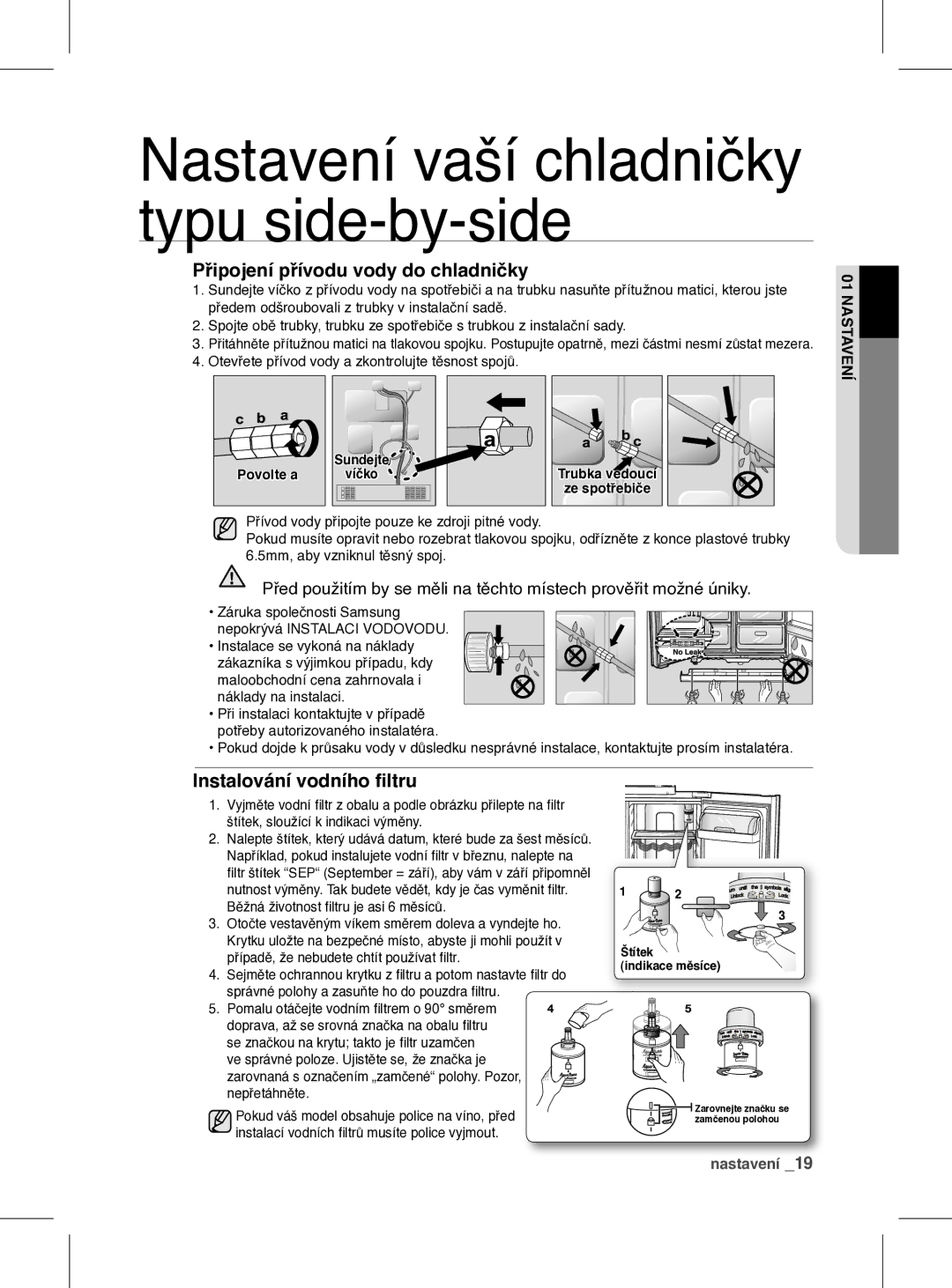 Samsung RSH1FEIS1/XEH manual Instalování vodního filtru, Povolte a, Trubka vedoucí Ze spotřebiče 