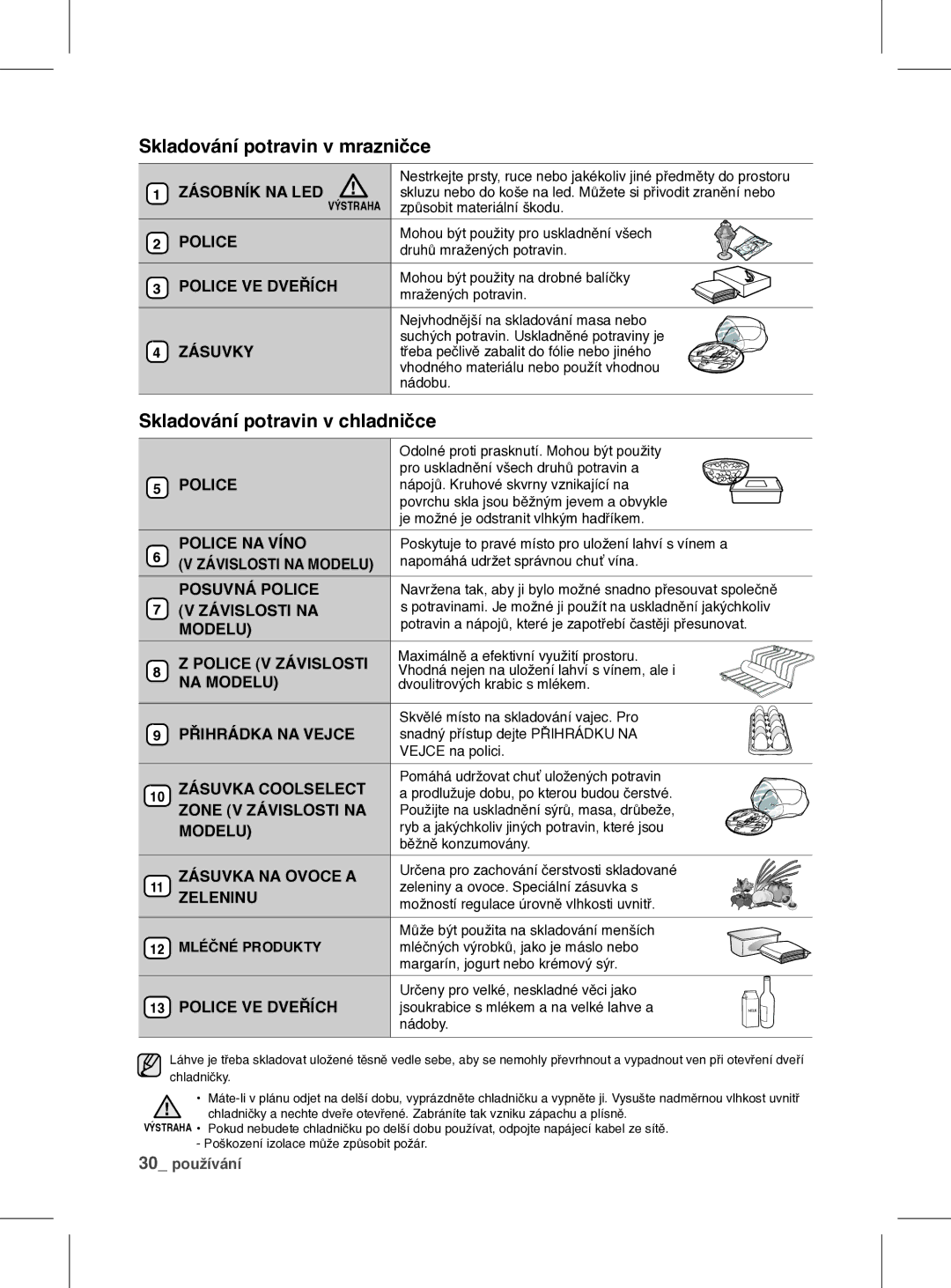 Samsung RSH1FEIS1/XEH manual Skladování potravin v chladničce, Zásobník NA LED Výstraha 