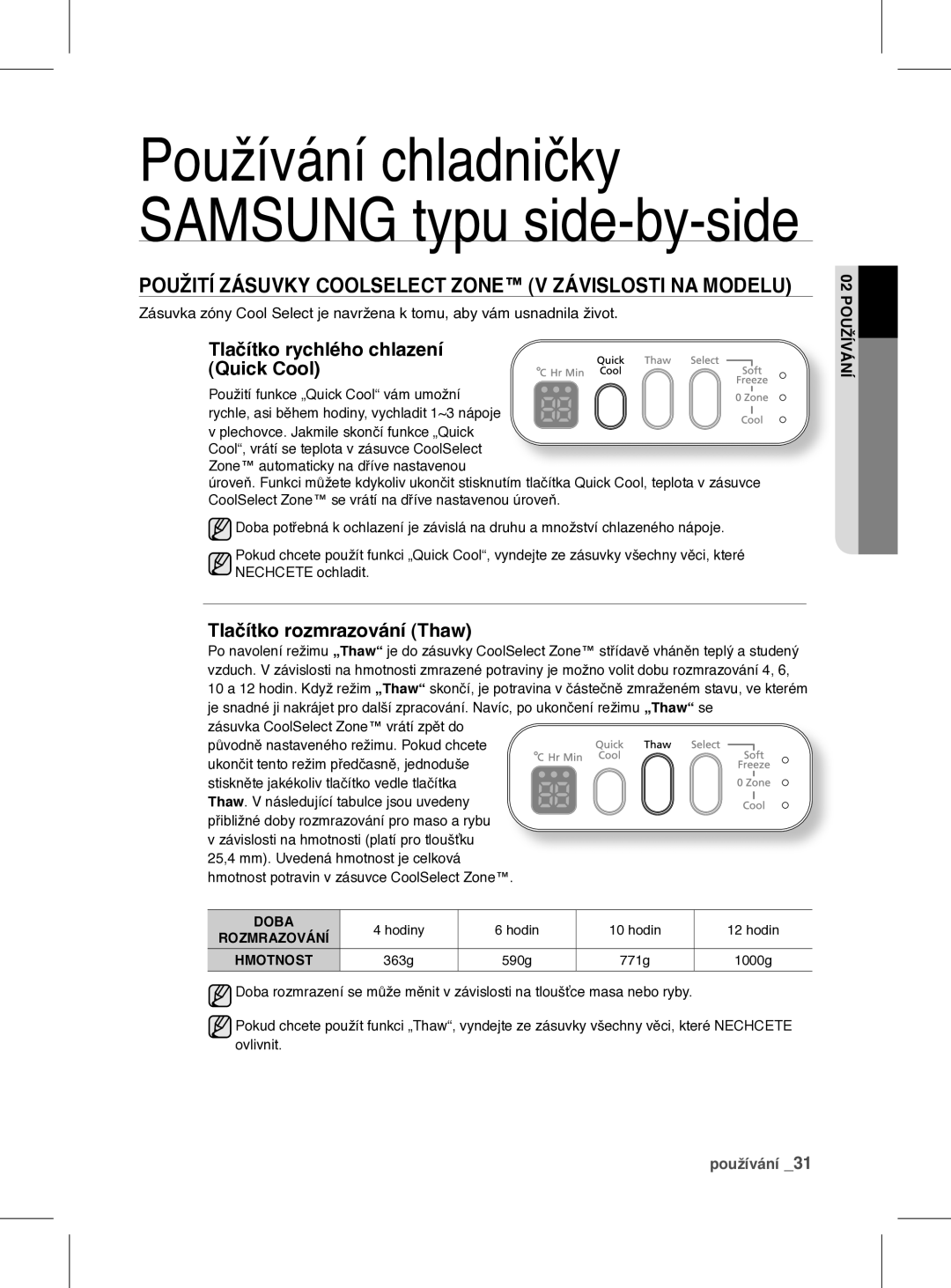 Samsung RSH1FEIS1/XEH manual Tlačítko rychlého chlazení Quick Cool, Tlačítko rozmrazování Thaw 