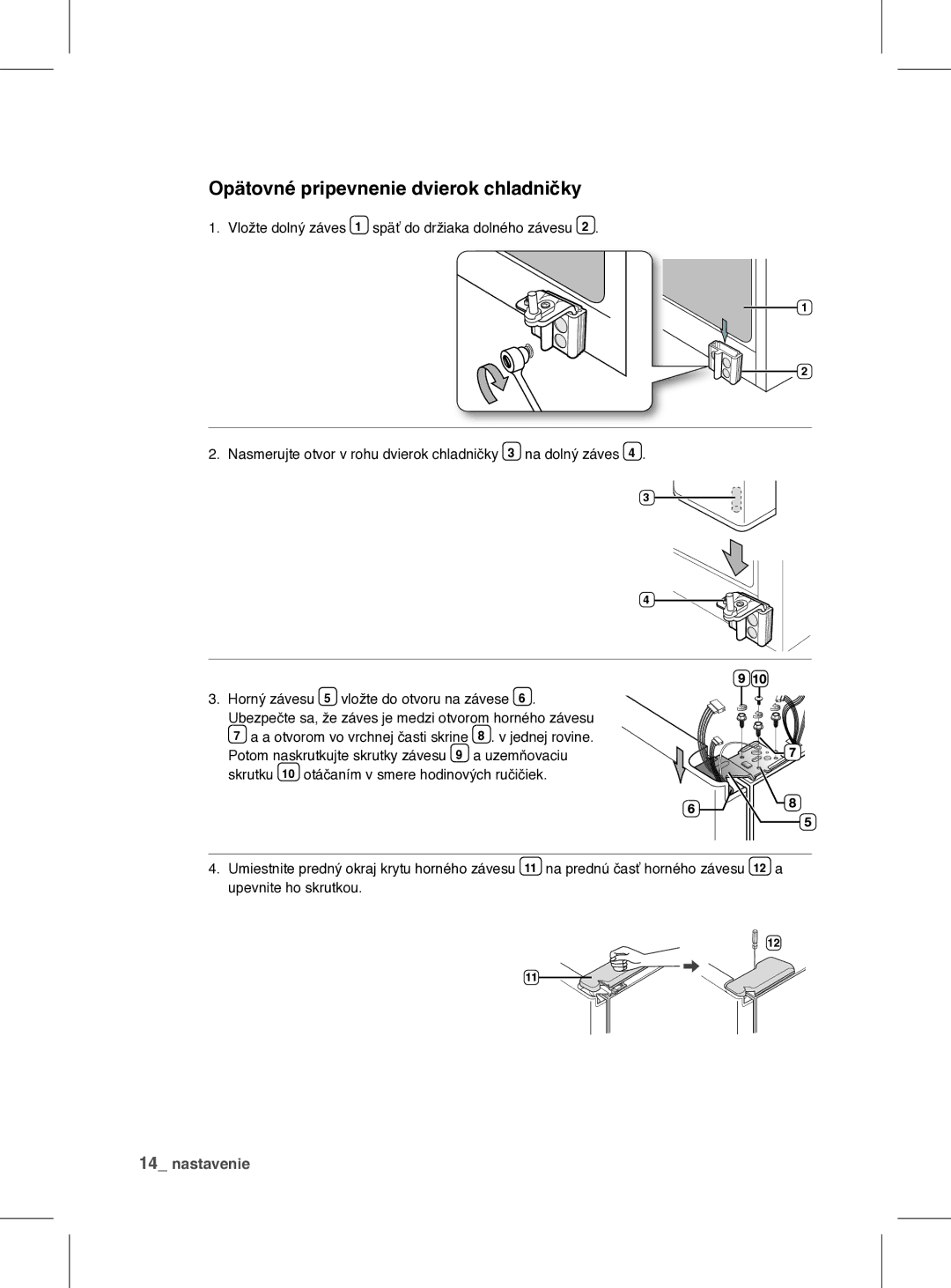 Samsung RSH1FEIS1/XEH manual Opätovné pripevnenie dvierok chladničky 