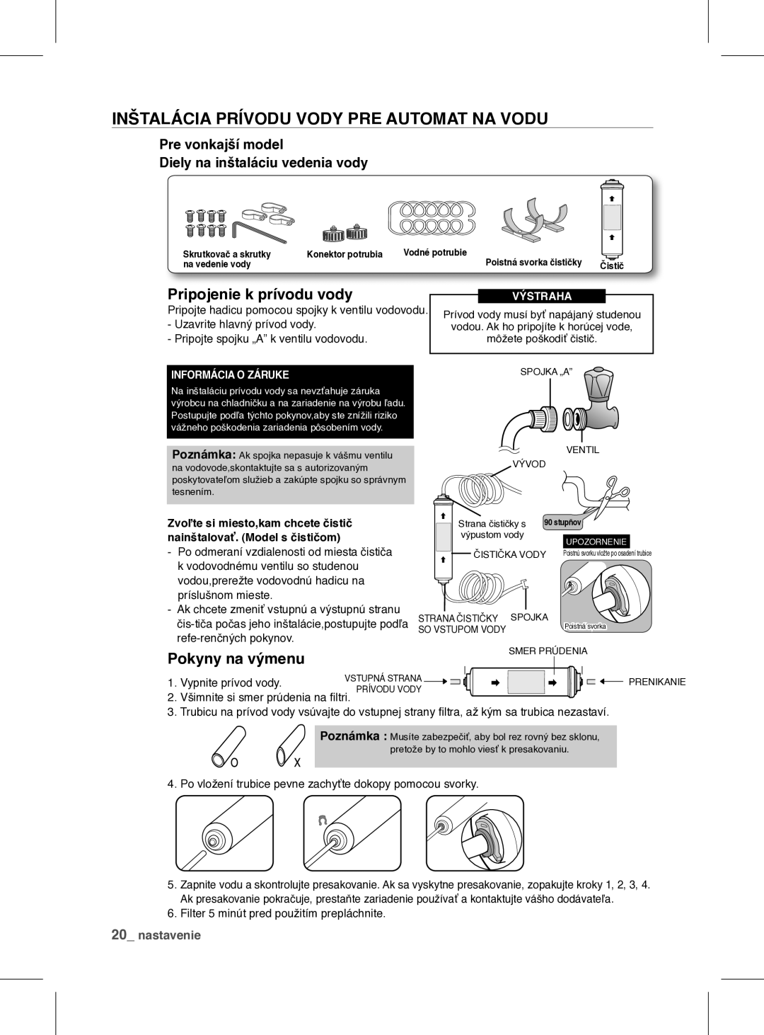 Samsung RSH1FEIS1/XEH manual Inštalácia Prívodu Vody PRE Automat NA Vodu, Pripojenie k prívodu vody, Pokyny na výmenu 