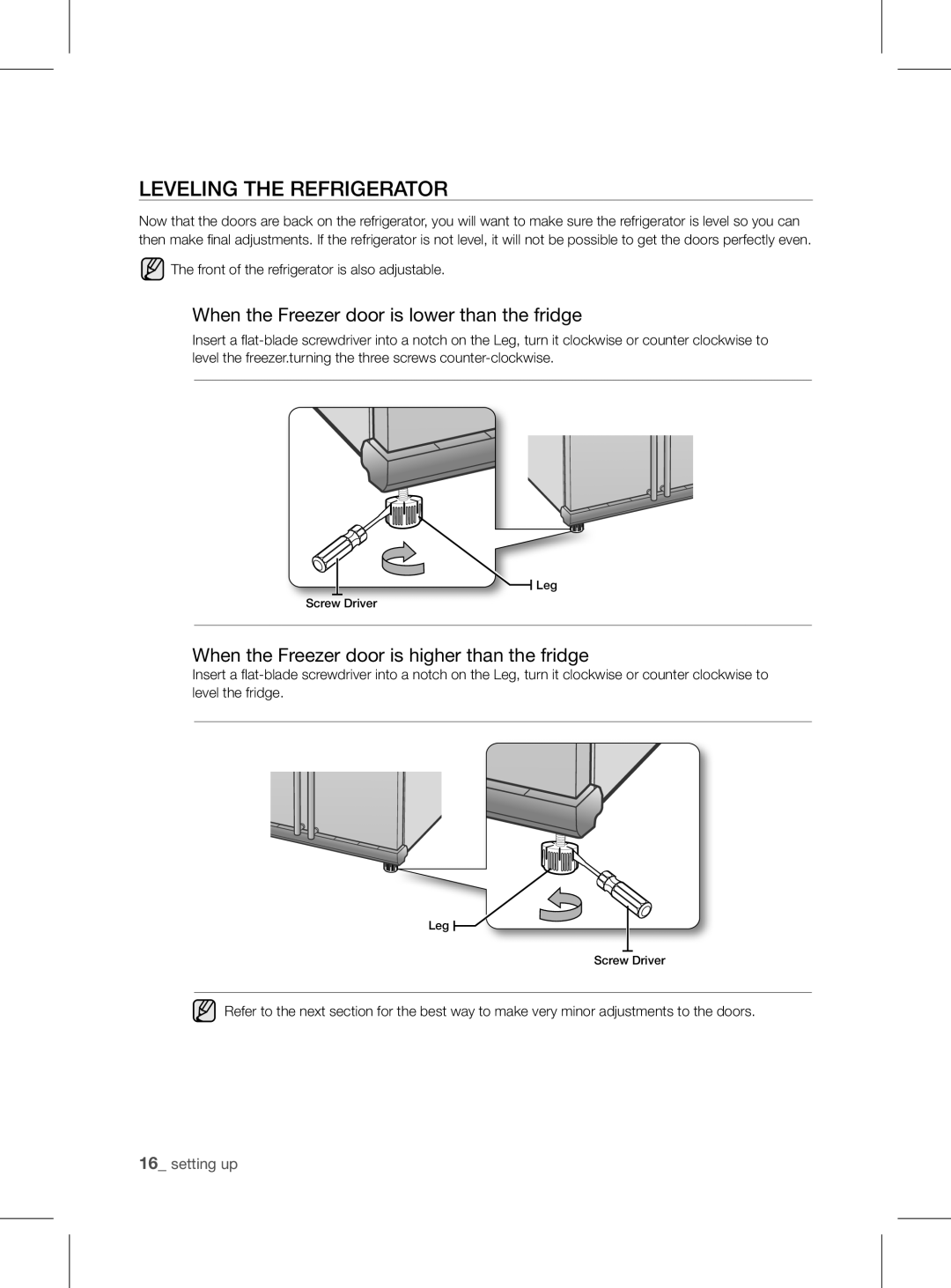 Samsung RSH1FEIS1/XEH manual LEVELing tHE rEfrigErator, When the Freezer door is lower than the fridge 