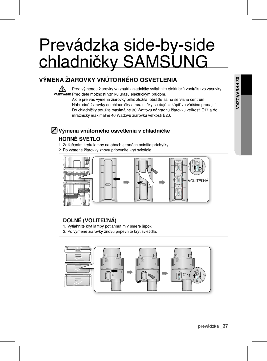 Samsung RSH1FEIS1/XEH manual Výmena Žiarovky VNúTORNÉHO Osvetlenia, Výmena vnútorného osvetlenia v chladničke 