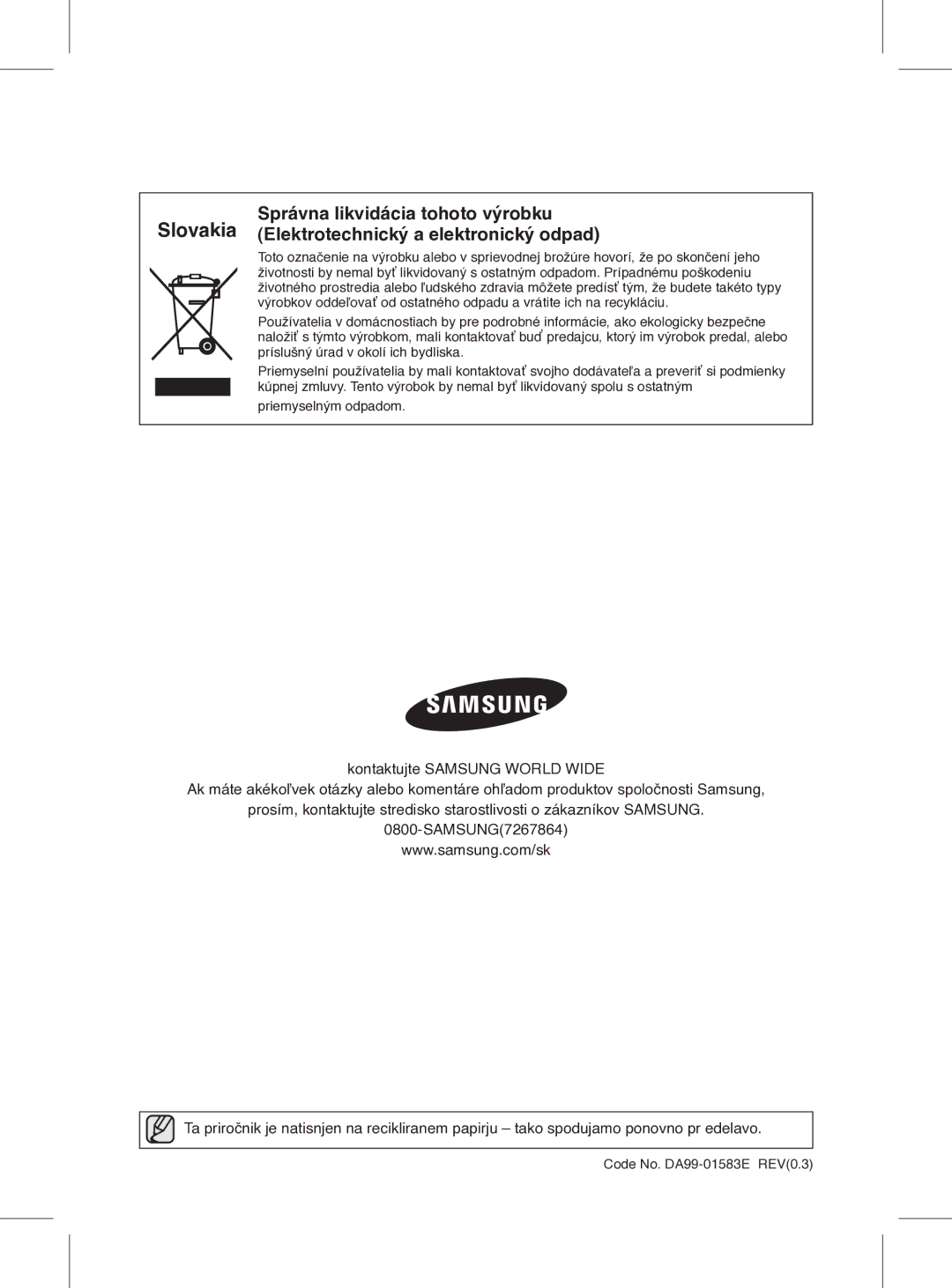 Samsung RSH1FEIS1/XEH manual Správna likvidácia tohoto výrobku, Elektrotechnický a elektronický odpad 