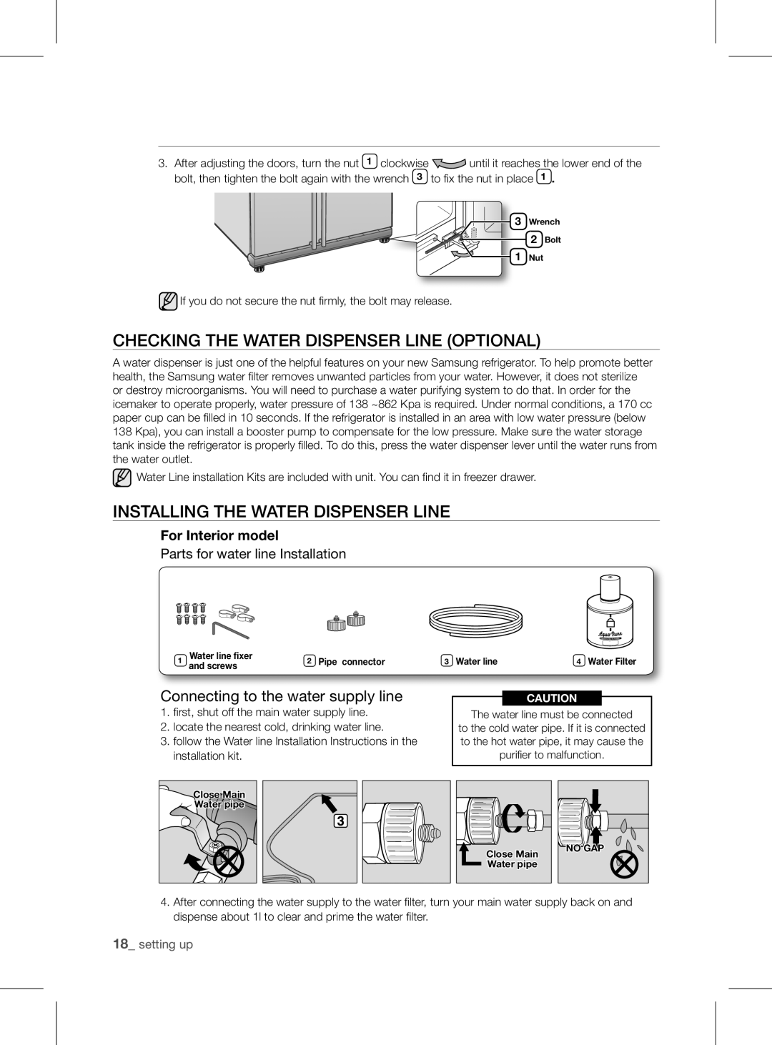 Samsung RSH1FEIS1/XEH manual CHECKing tHE watEr DisPEnsEr LinE oPtionaL, InstaLLing tHE watEr DisPEnsEr LinE 