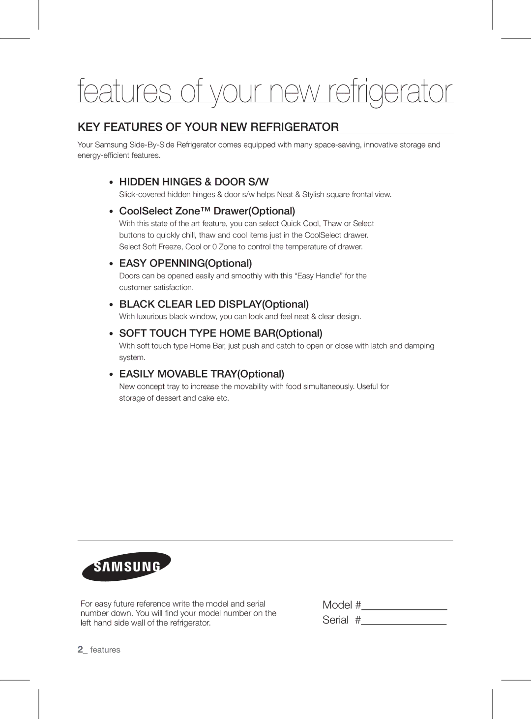 Samsung RSH1FEIS1/XEH manual Key features of your new refrigerator 