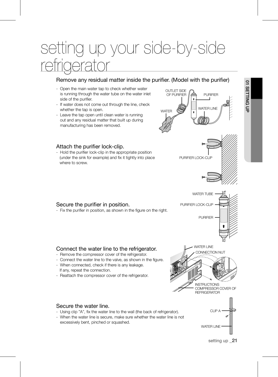 Samsung RSH1FEIS1/XEH manual Attach the purifier lock-clip, Secure the purifier in position, Secure the water line 