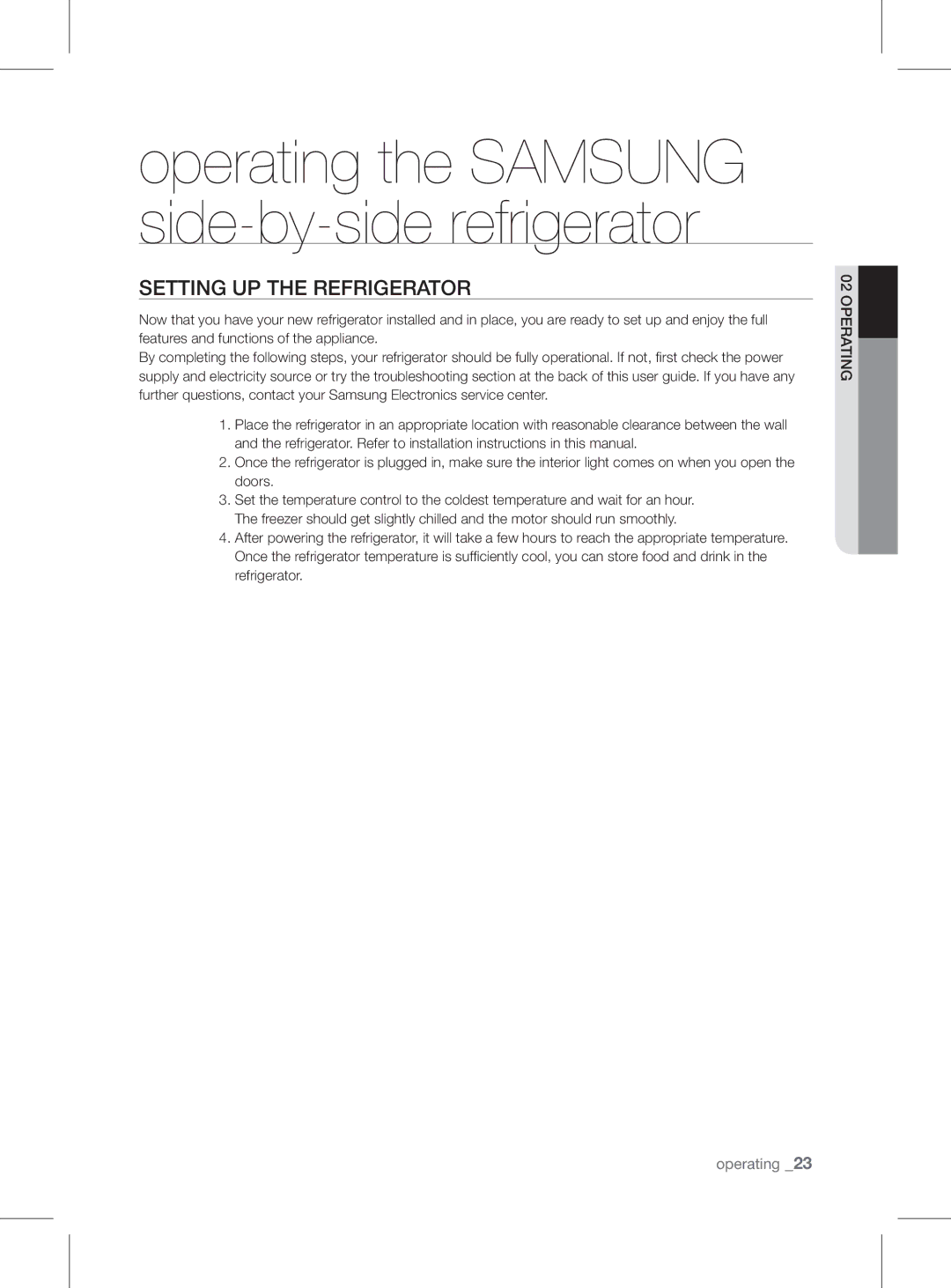 Samsung RSH1FEIS1/XEH manual Operating the Samsung side-by-side refrigerator, SEtting uP tHE rEfrigErator 