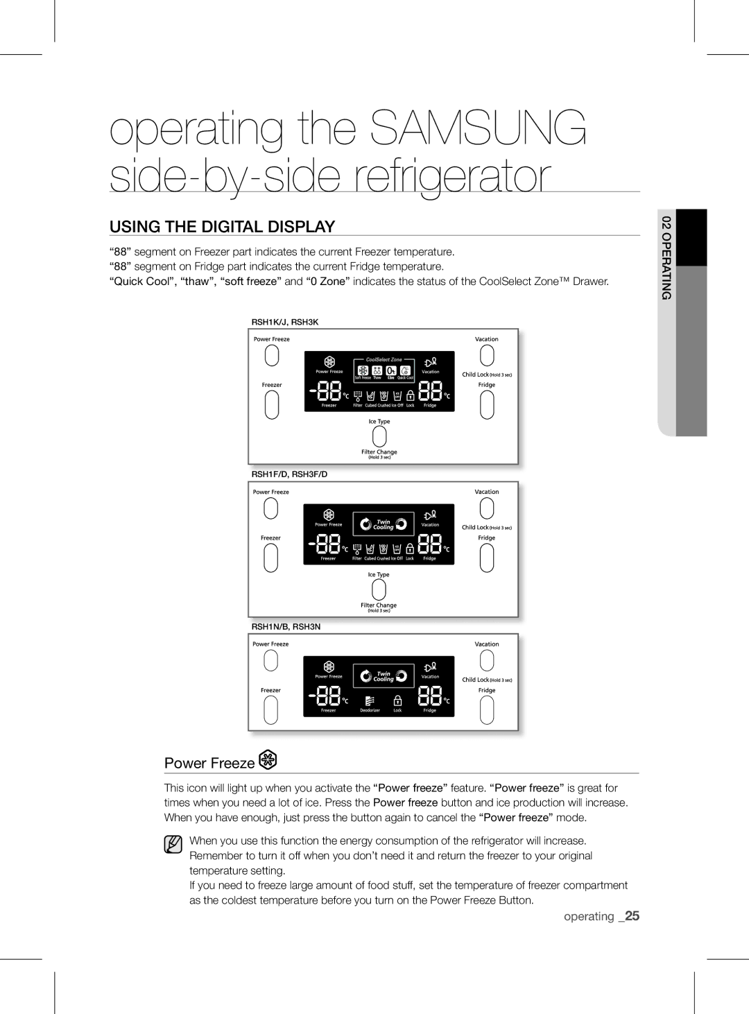 Samsung RSH1FEIS1/XEH manual Using tHE DigitaL DisPLay, Power Freeze 