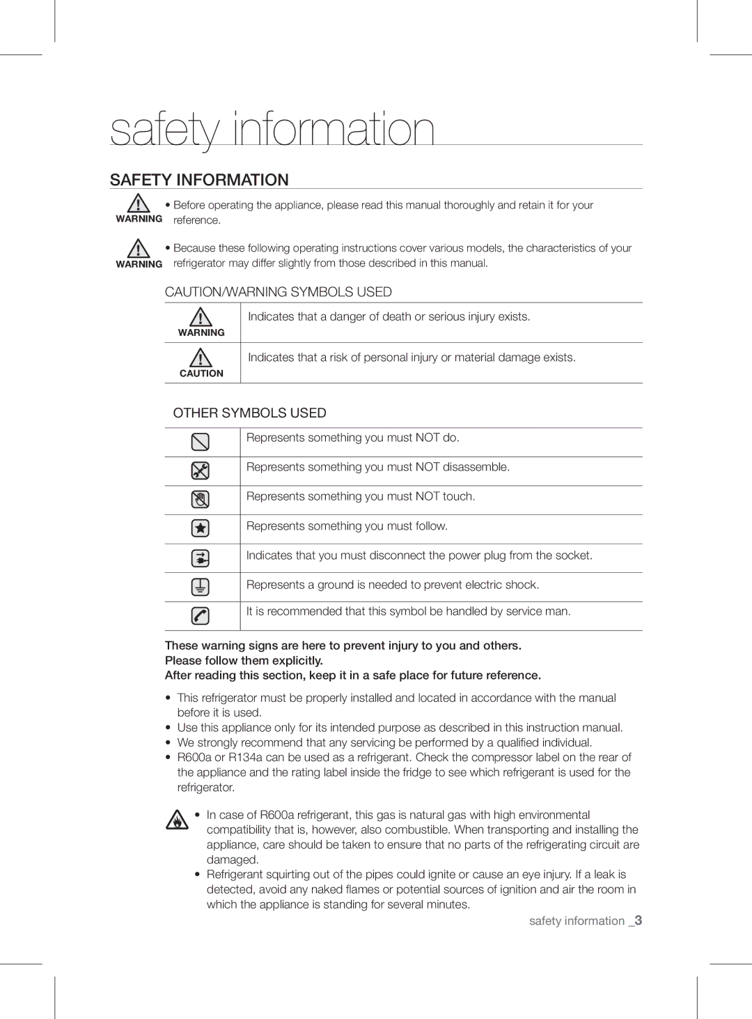 Samsung RSH1FEIS1/XEH manual Safety information, SafEty inforMation 