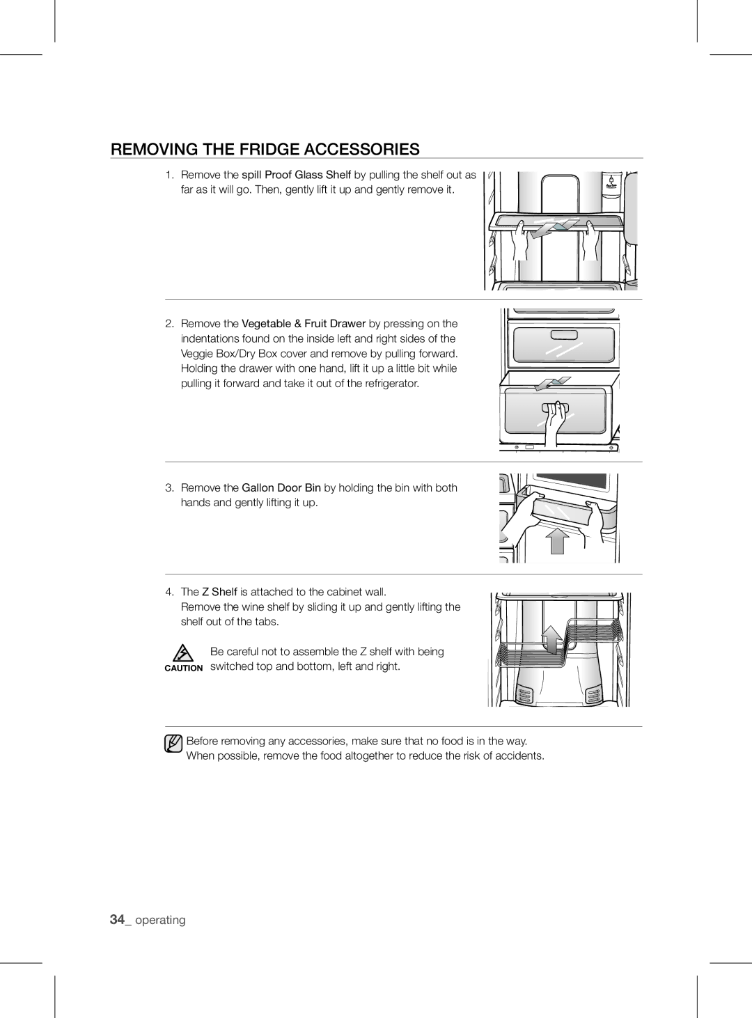 Samsung RSH1FEIS1/XEH manual REMoVing tHE friDgE aCCEssoriEs 