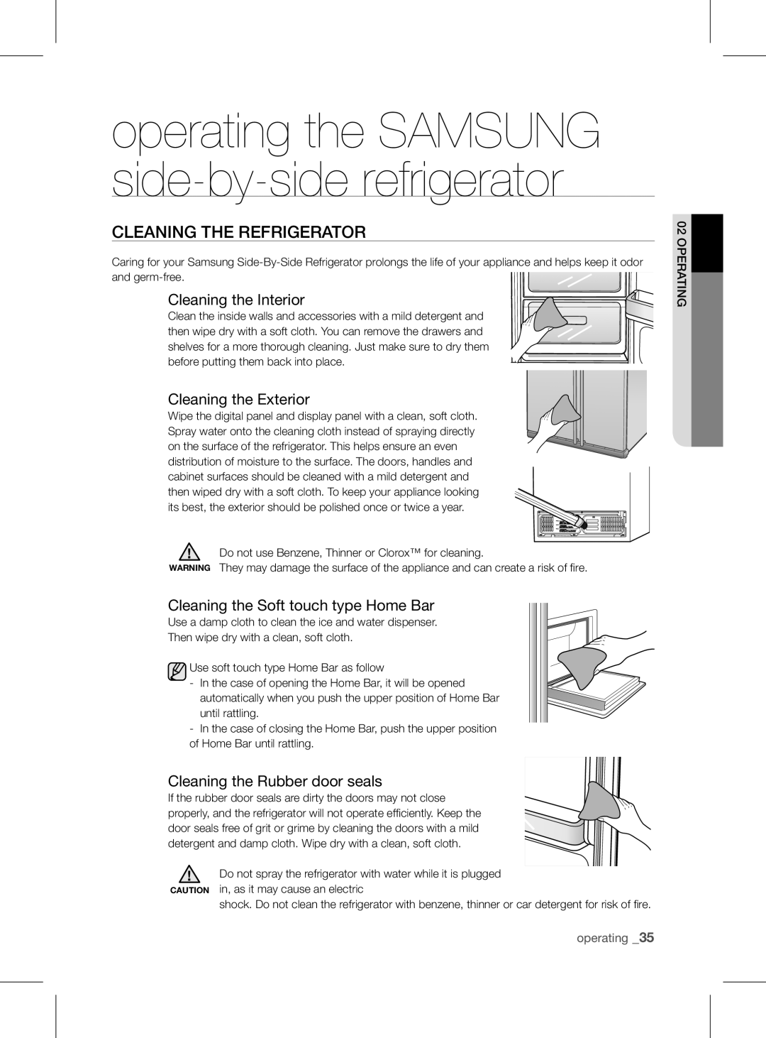 Samsung RSH1FEIS1/XEH manual CLEaning tHE rEfrigErator, Cleaning the Interior, Cleaning the Exterior 