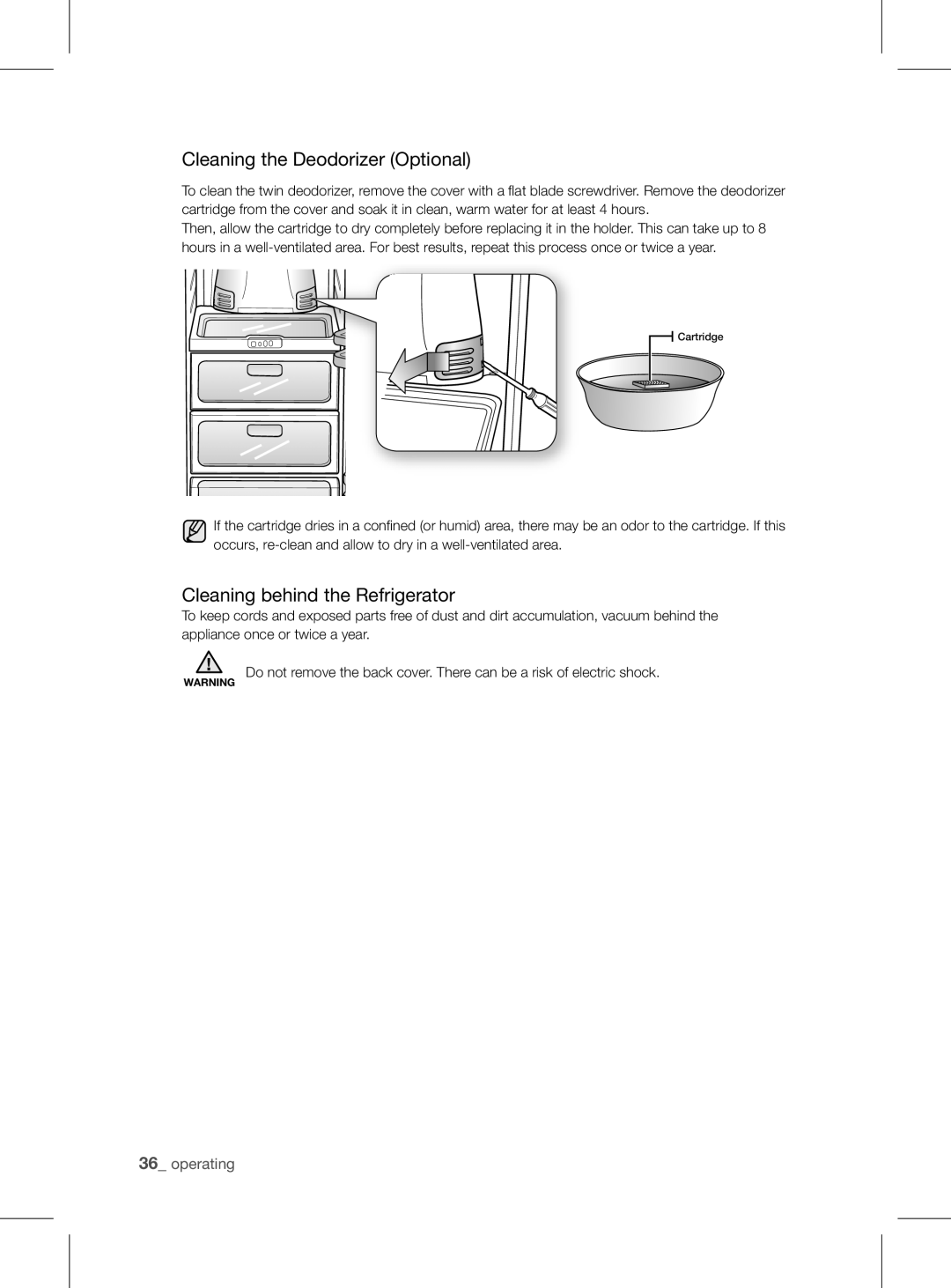 Samsung RSH1FEIS1/XEH manual Cleaning the Deodorizer Optional, Cleaning behind the Refrigerator 