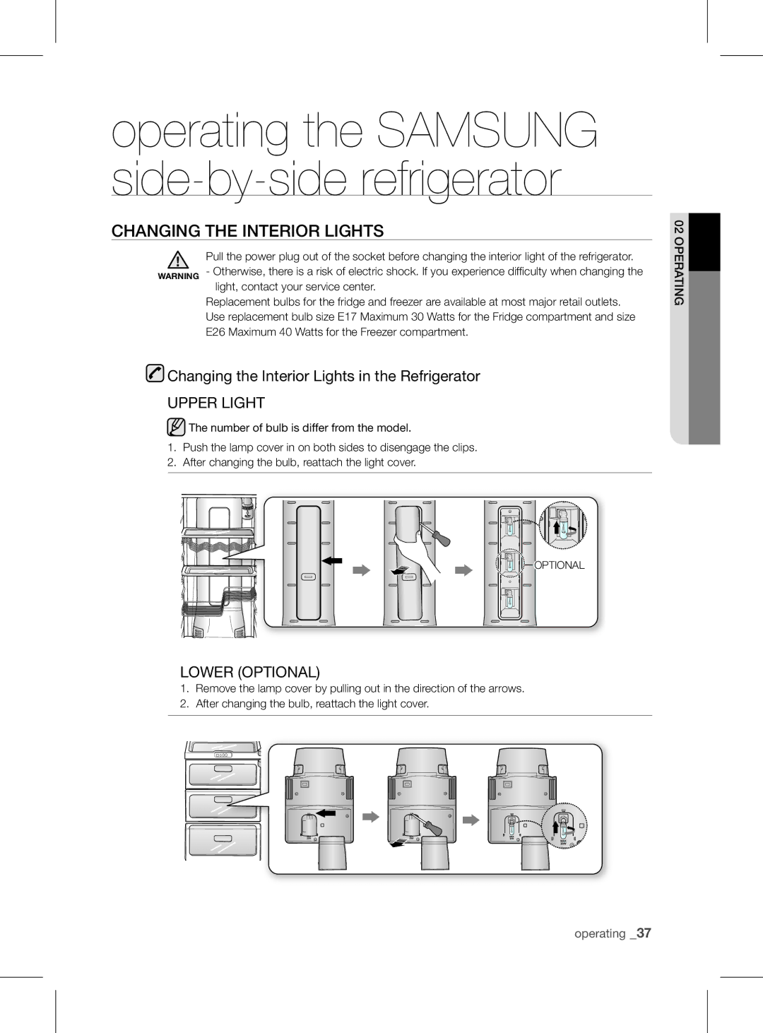 Samsung RSH1FEIS1/XEH manual CHanging tHE intErior LigHts, Changing the Interior Lights in the Refrigerator 