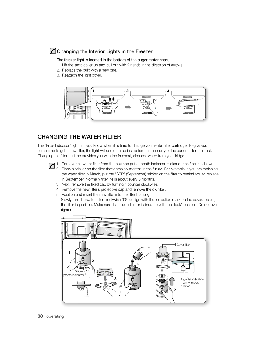 Samsung RSH1FEIS1/XEH manual CHanging tHE watEr fiLtEr, Changing the Interior Lights in the Freezer 