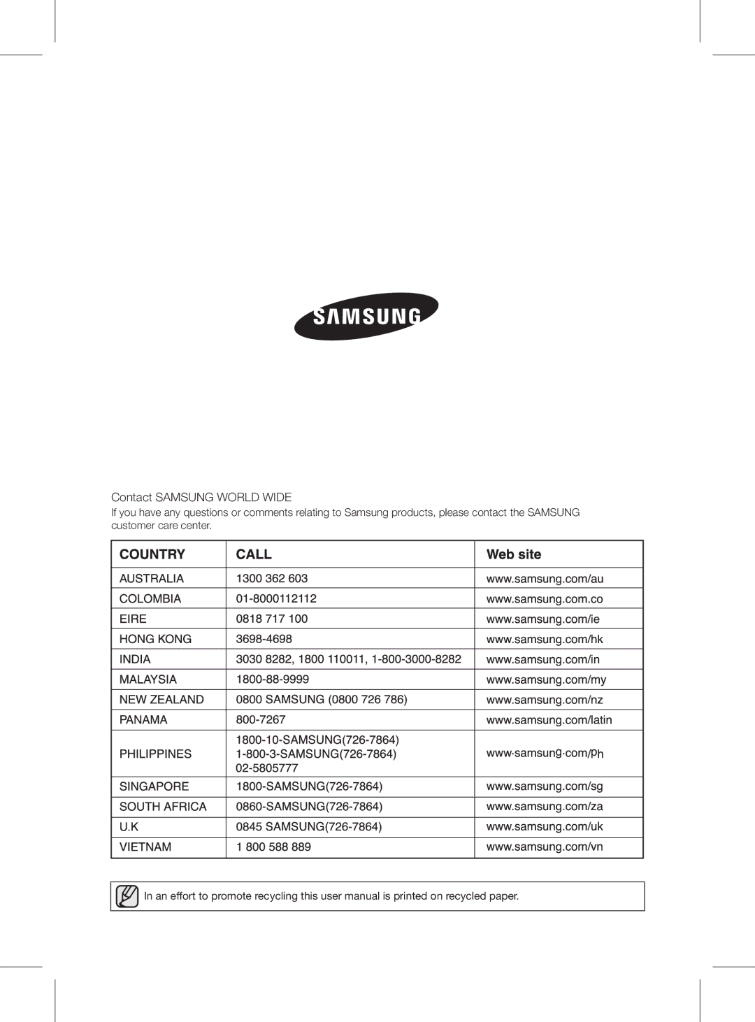 Samsung RSH1FEIS1/XEH manual Contact Samsung World Wide 