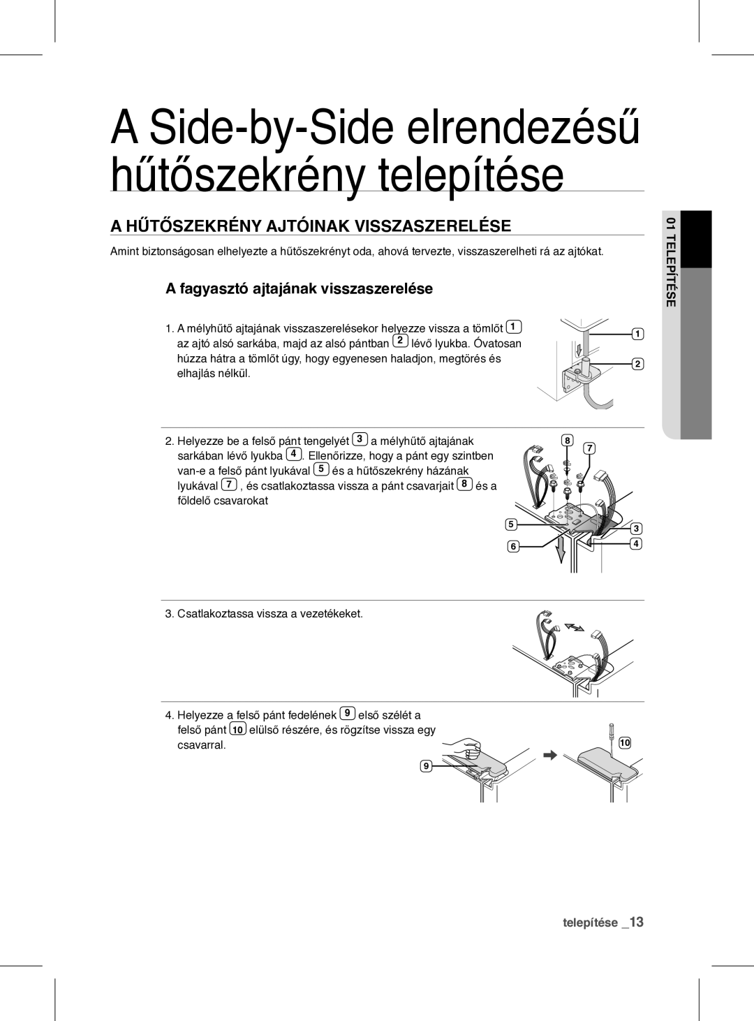 Samsung RSH1FEIS1/XEH manual Hűtőszekrény Ajtóinak Visszaszerelése, Fagyasztó ajtajának visszaszerelése 