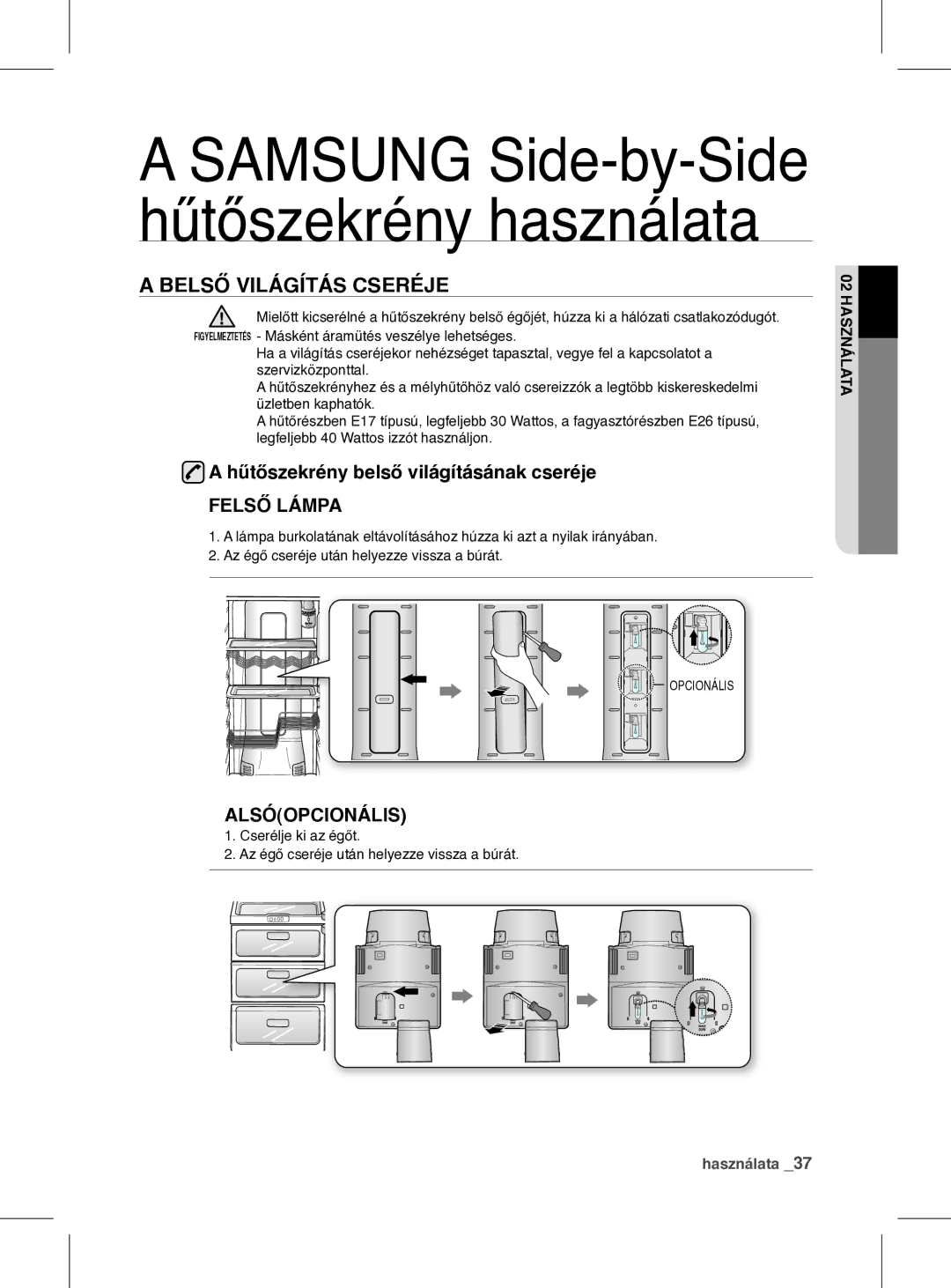 Samsung RSH1FEIS1/XEH manual Belső Világítás Cseréje, Hűtőszekrény belső világításának cseréje 