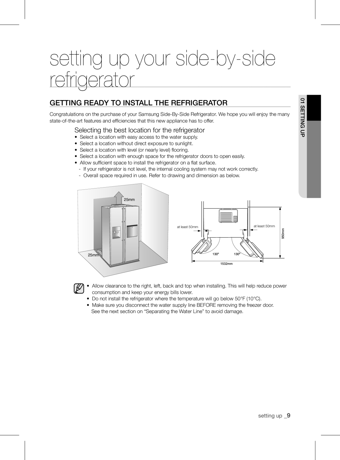 Samsung RSH1FEIS1/XEH manual GEtting rEaDy to instaLL tHE rEfrigErator, Selecting the best location for the refrigerator 