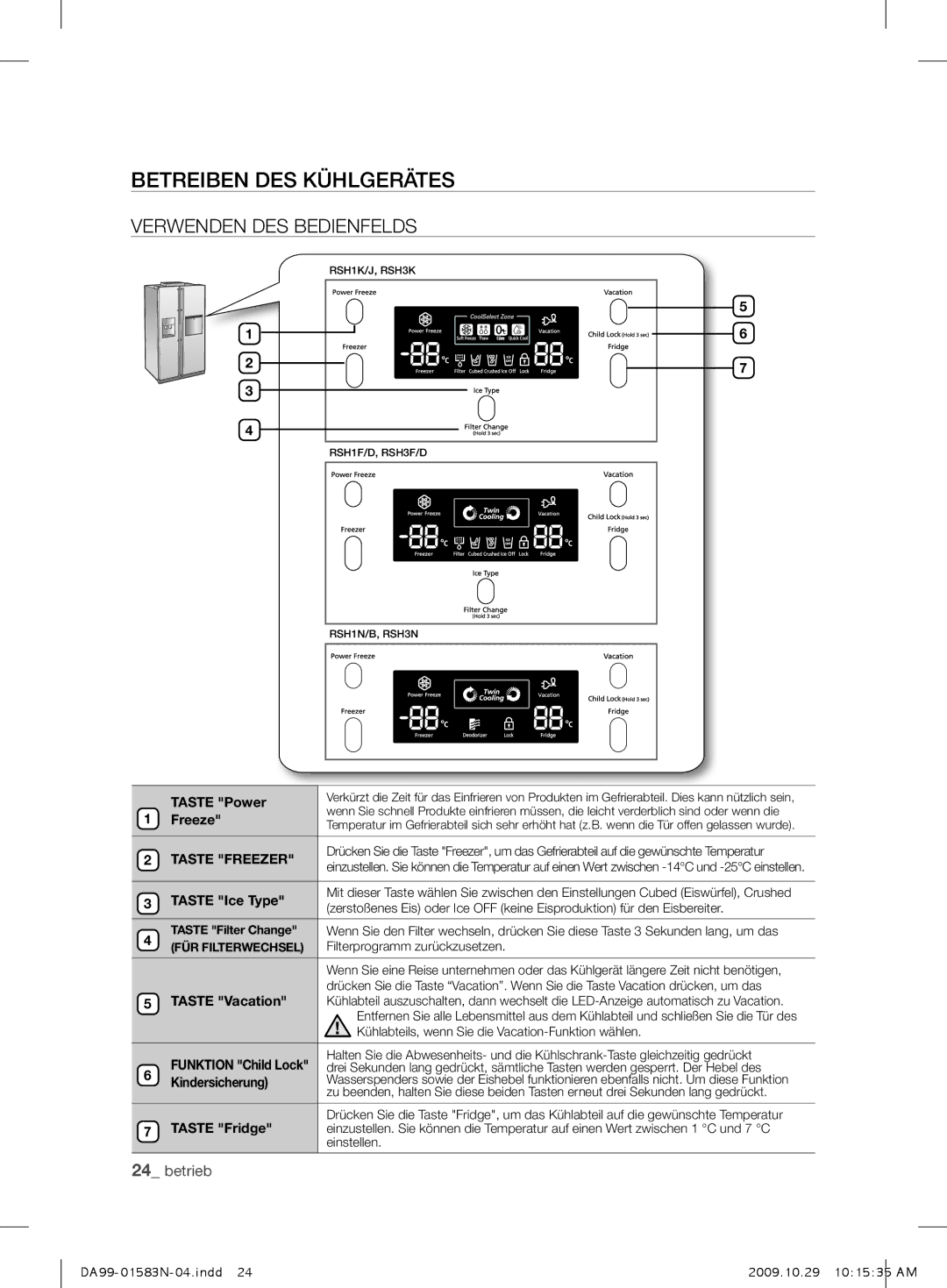 Samsung RSH1FHPE1/XEG, RSH1SHPE1/XEG, RSH1PTSW1/XEG, RSH1UHPE1/XEG manual Betreiben DES Kühlgerätes, Verwenden des Bedienfelds 