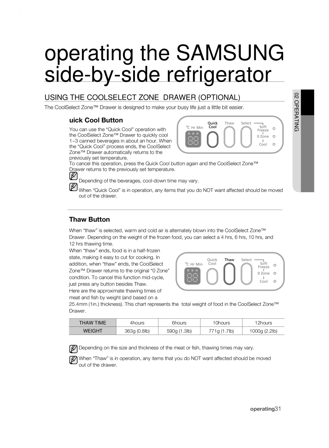 Samsung RSH1FLMR1/CHA, RSH1FLMR1/ZAM manual Using tHE CooLsELECt ZonE DrawEr oPtionaL, Quick Cool Button, Thaw Button 