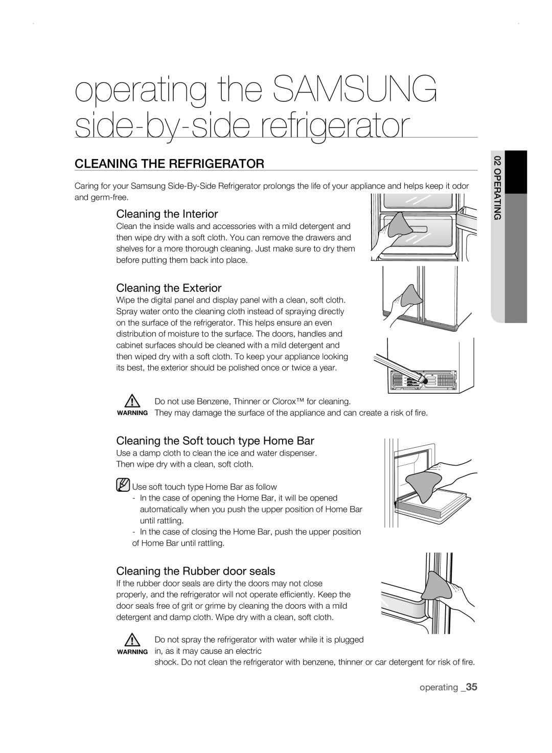 Samsung RSH1FLMR1/ZAM, RSH1FLMR1/CHA, RSH3FTPE1/MTR CLEaning tHE rEfrigErator, Cleaning the Interior, Cleaning the Exterior 