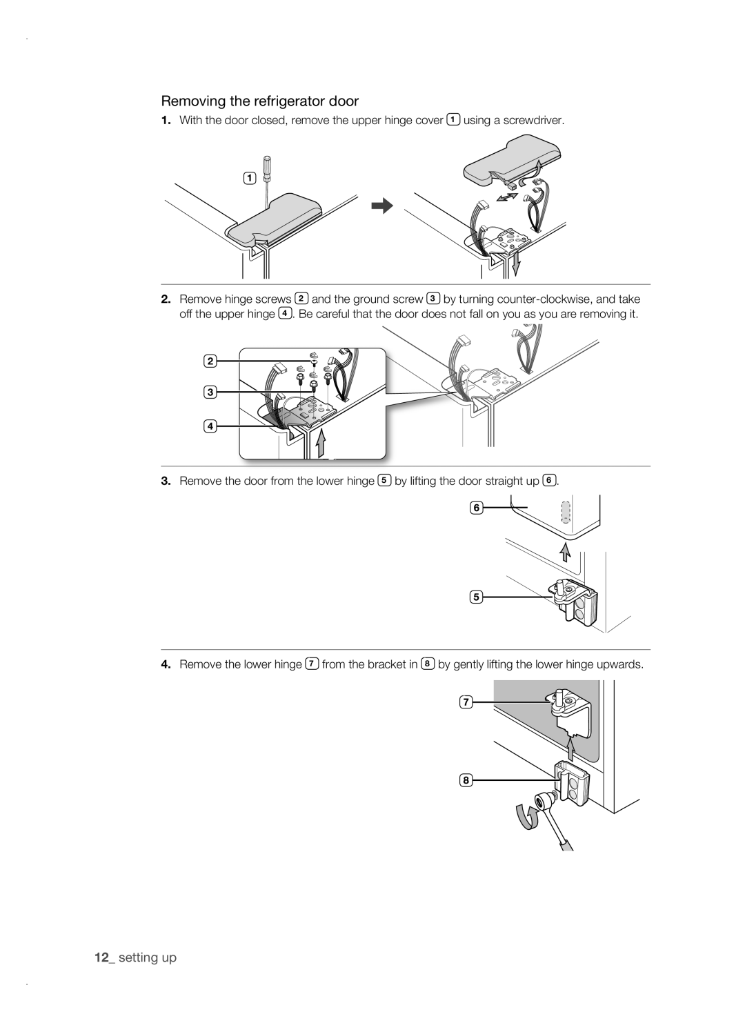 Samsung RSH1DTPE1/BUL, RSH1FTBP1/BUL, RSH1FTBP1/BWT, RSH1FBPE1/BUL, RSH1FBIS1/BUL manual Removing the refrigerator door 