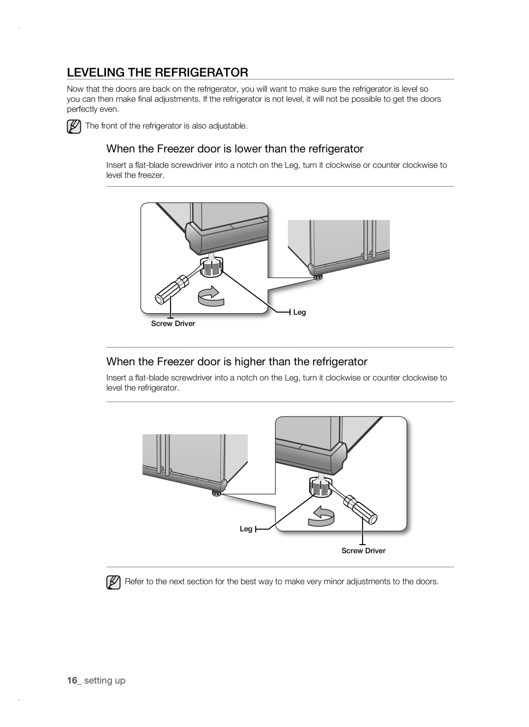 Samsung RSH1FTBP1/BWT, RSH1FTBP1/BUL manual Leveling the refrigerator, When the Freezer door is lower than the refrigerator 