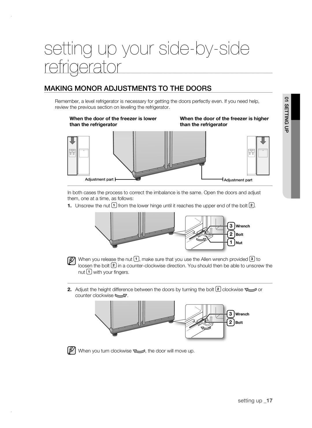 Samsung RSH1DTPE1/BUL, RSH1FTBP1/BUL, RSH1FTBP1/BWT, RSH1FBPE1/BUL, RSH1FBIS1/BUL manual Making monor adjustments to the doors 