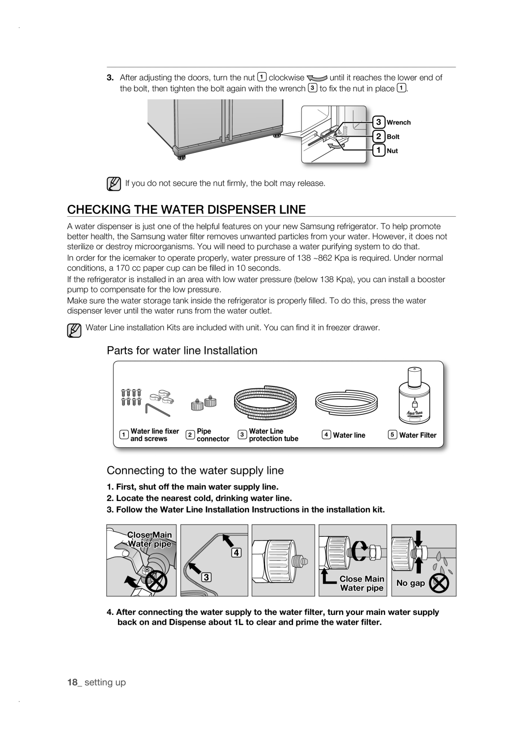 Samsung RSH1FBPE1/BUL, RSH1FTBP1/BUL, RSH1FTBP1/BWT Parts for water line Installation, Connecting to the water supply line 