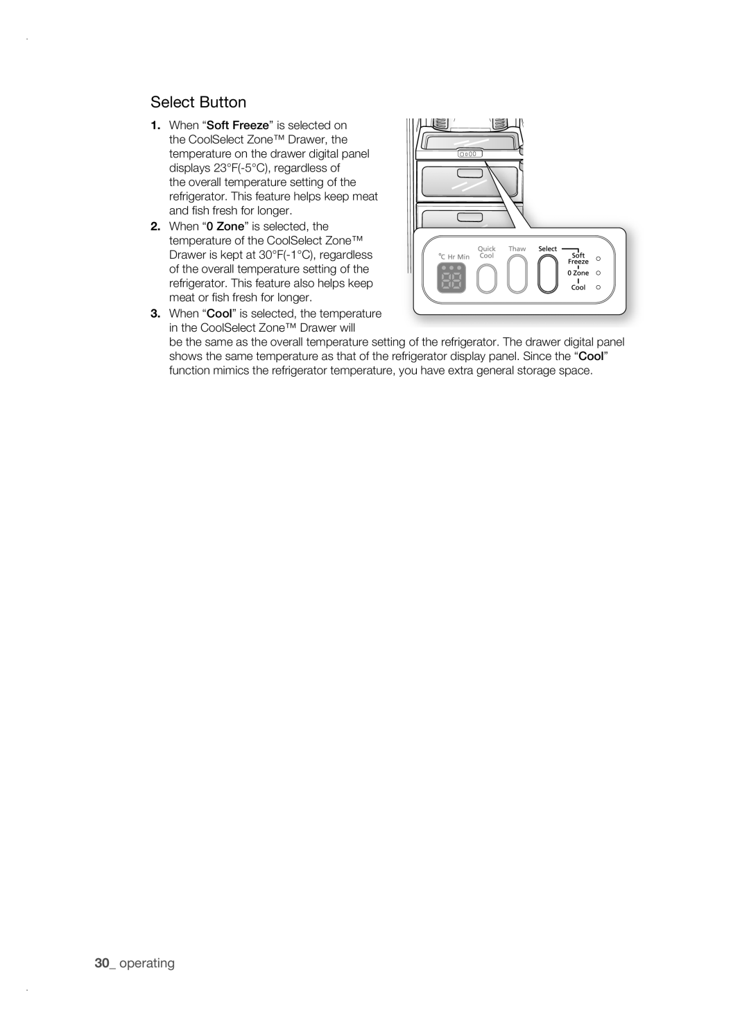 Samsung RSH1FTBP1/BUL, RSH1FTBP1/BWT, RSH1DTPE1/BUL, RSH1FBPE1/BUL, RSH1FBIS1/BUL manual Select Button 