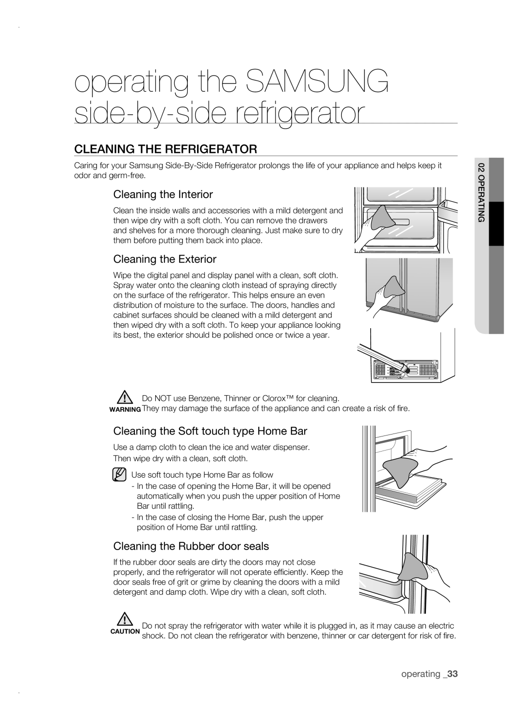 Samsung RSH1FBPE1/BUL, RSH1FTBP1/BUL, RSH1FTBP1/BWT Cleaning the refrigerator, Cleaning the Interior, Cleaning the Exterior 