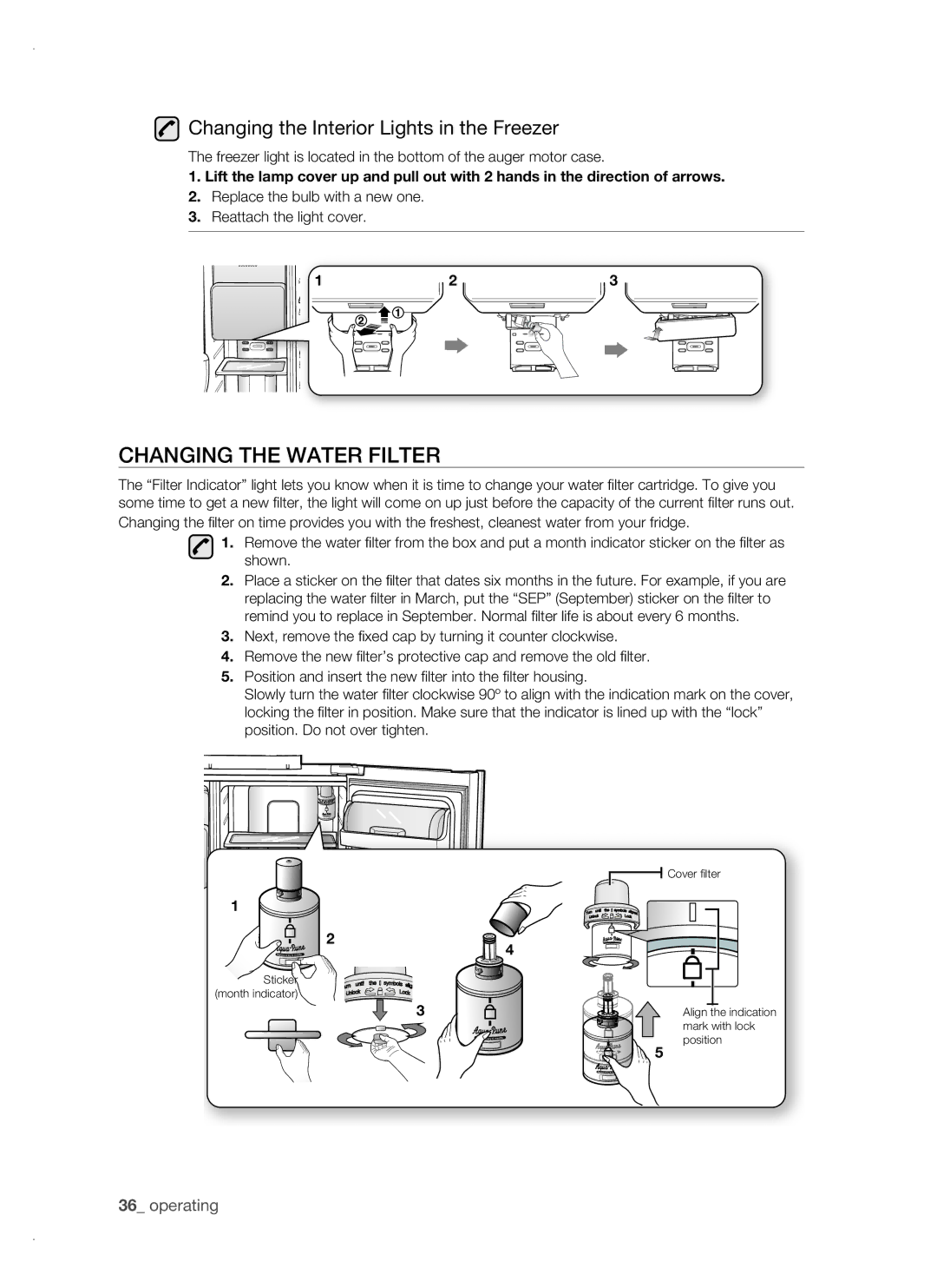 Samsung RSH1FTBP1/BWT, RSH1FTBP1/BUL, RSH1DTPE1/BUL Changing the water filter, Changing the Interior Lights in the Freezer 