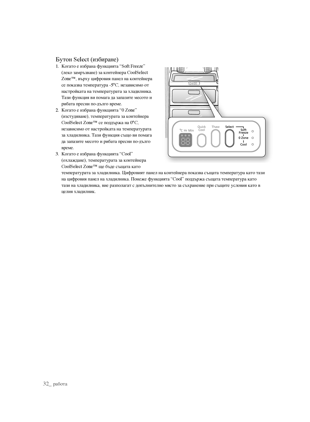 Samsung RSH1DTPE1/BUL, RSH1FTBP1/BUL, RSH1FTBP1/BWT, RSH1FBPE1/BUL, RSH1KLBG1/BUL, RSH1FBIS1/BUL manual Бутон Select избиране 