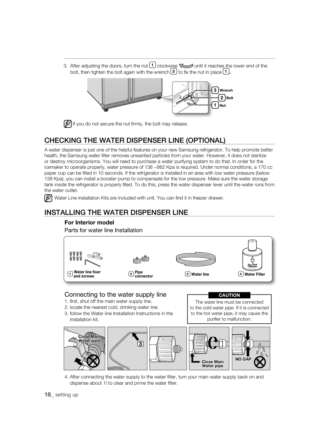 Samsung RSH1DTPE1/EUR, RSH1FTBP1/FAL manual CHECKing tHE watEr DisPEnsEr LinE oPtionaL, InstaLLing tHE watEr DisPEnsEr LinE 